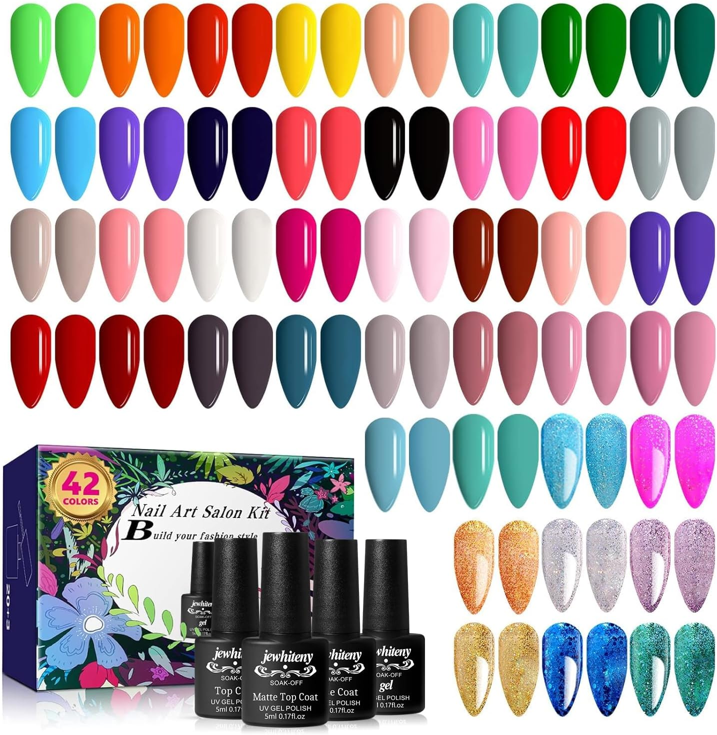 JEWHITENY 45PCS Gel Nail Polish Kit, 42 Colors 7ML Nude Gray Pink Blue Soak off Kit Glitter Art Starter Beauty Gifts Set for Women Girls Valentines Mother'S Day Gift 1 Count image number 1