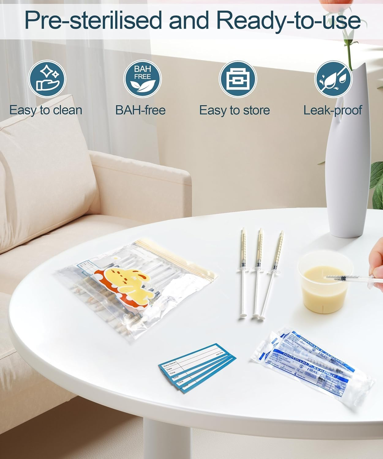 20 Sets of Colostrum Collection Kits, 20 Sterile Sealed Breast Milk Collection Syringes, 20 Stickers, 1 Colostrum Collection Measuring Cup for Breast Milk, and 1 Sliding Lock Fresh-Keeping Bag (5Ml) image number 3