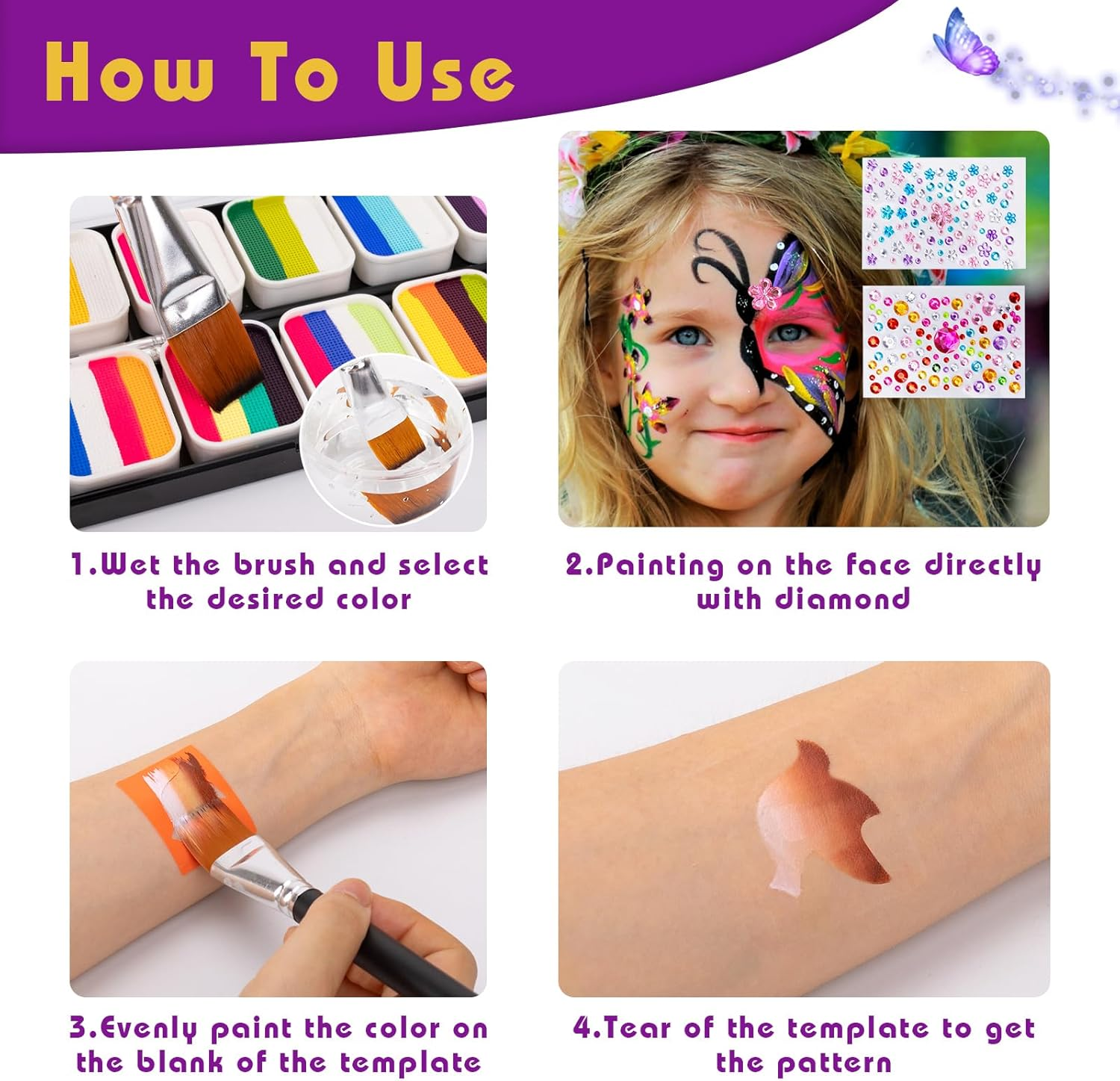 Face Paint Kit-12 Split Cake Palettes Face Painting Kit Professional with Stencils for Kids Adults, Rainbow Non Toxic Water Activated Facepaint Makeup Kit with Brush Set for Party,Halloween,Christmas image number 6