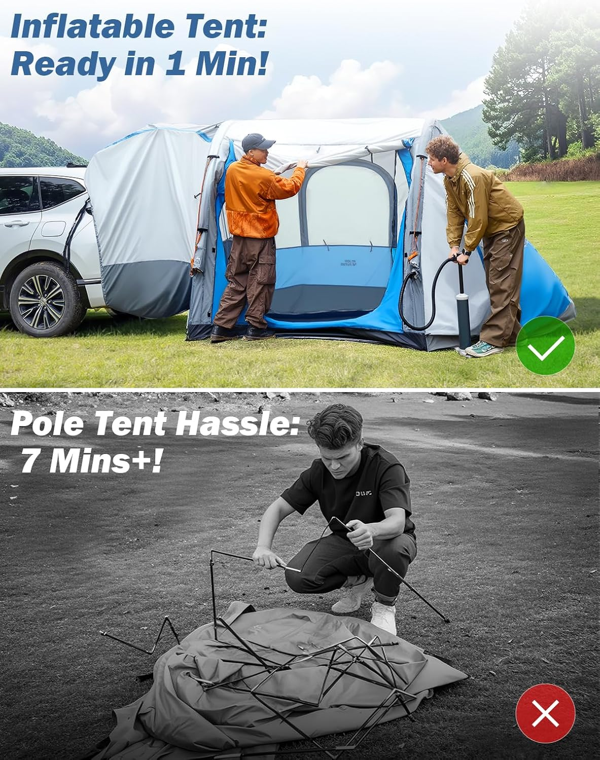 JOYTUTUS SUV Tent with Inflatable Pump, Easy Set-Up Car Tent for 6 Person with Car Roof Canopy, Dual-Use Blow up SUV Camping Tent with 2 Awnings, Double Door image number 4