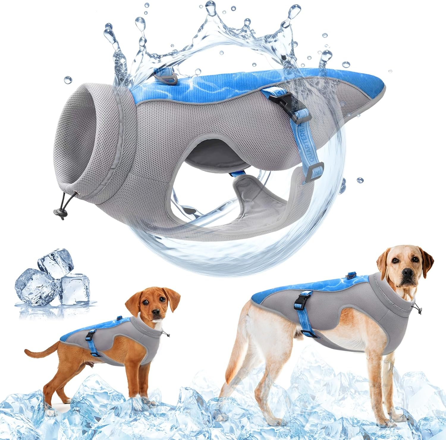 Improved Dog Cooling Vest with Sun Protection, Breathable Mesh Vest for Dogs, Reflective Strips, Adjustable Straps, with D-Snap Harness, Ideal for Small, Medium and Large Dogs, Blue