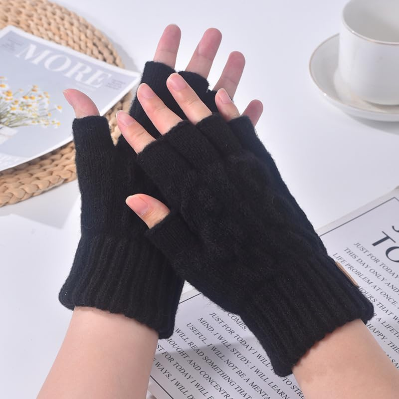 Fingerless Gloves 1 Pair Thermal Winter Gloves Warm Knitted Half Finger Gloves Mittens for Men Women Typing Driving Working (Black) image number 4