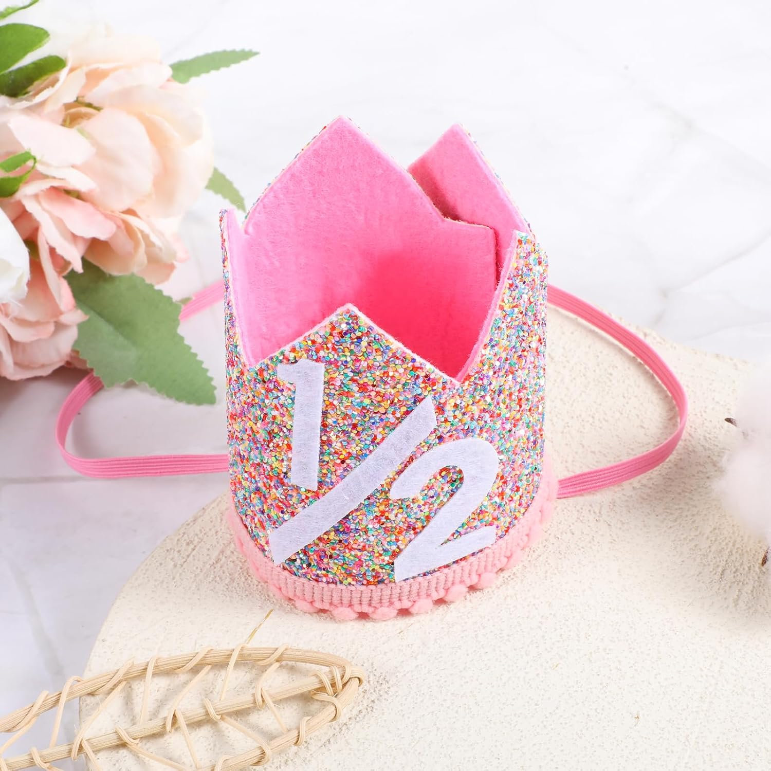 Pink 1/2 Birthday Crown, Half Birthday Hat with Glitter and Confetti for 1/2 Birthday Girl or Boy, Ages 0-2 image number 3