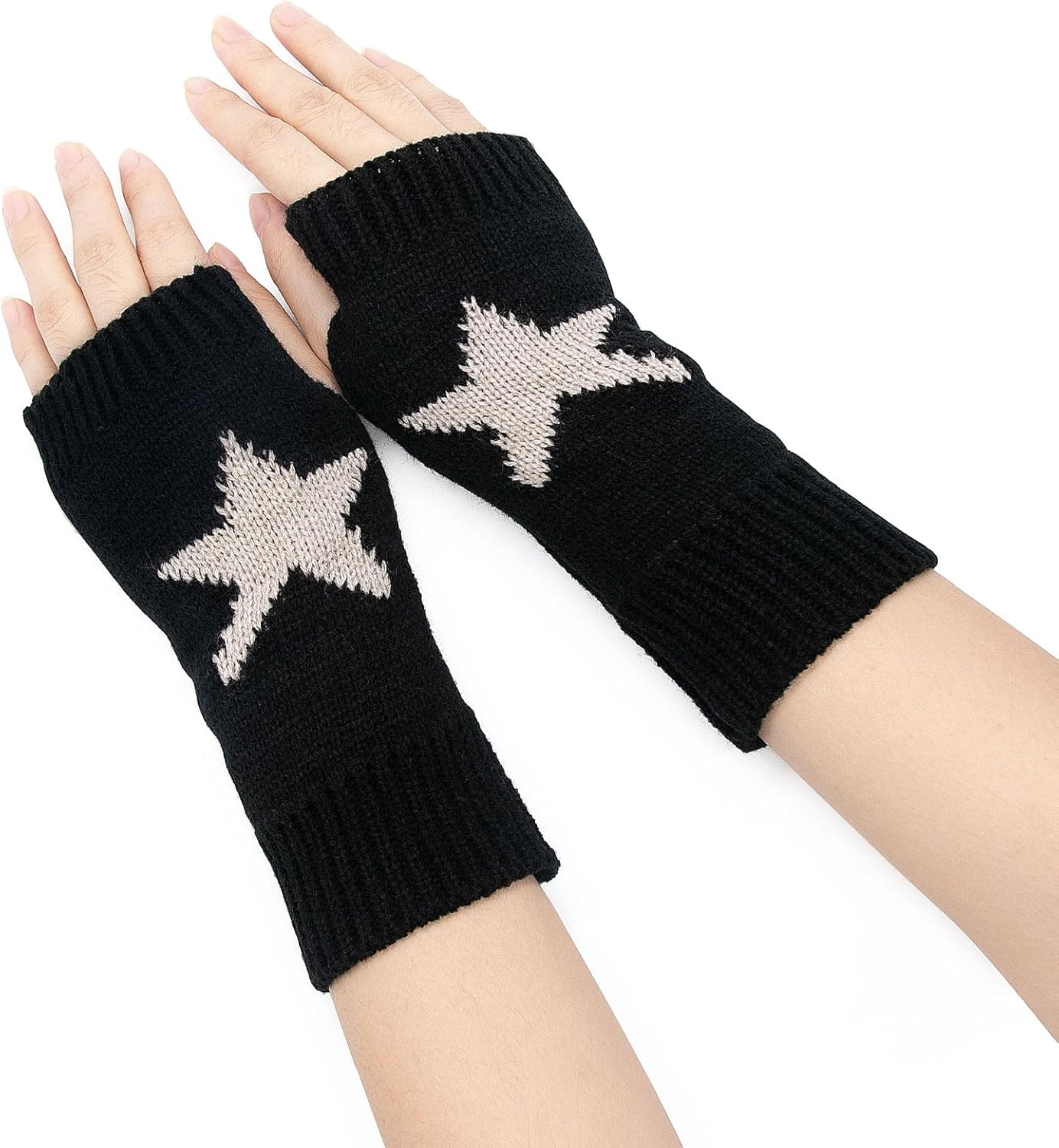 YAMEIZE Fingerless Star Printed Knitted Gloves - Wrist Warmers Mittens Knitted Gloves for Women Men Typing