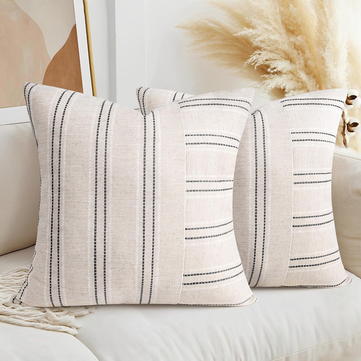 AELS 18X18 Decorative Farmhouse Linen Throw Pillow Covers, Boho Textured Pillow Case, Set of 2, Beige with White & Black Stripe Patchwork Cushion Cover for Sofa Couch Living Room (Cover ONLY)