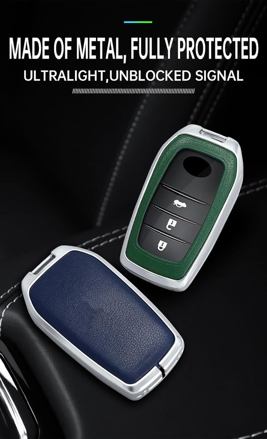 Ontto Alloy Car Key Fob Cover Fit for Toyota Land Cruiser 200 300 Prado Crown Yaris Cross Hilux Innova Fortuner Camry Leather Key Case Shell Key Holder Keyring Keychain Accessories Silver-Black image number 5