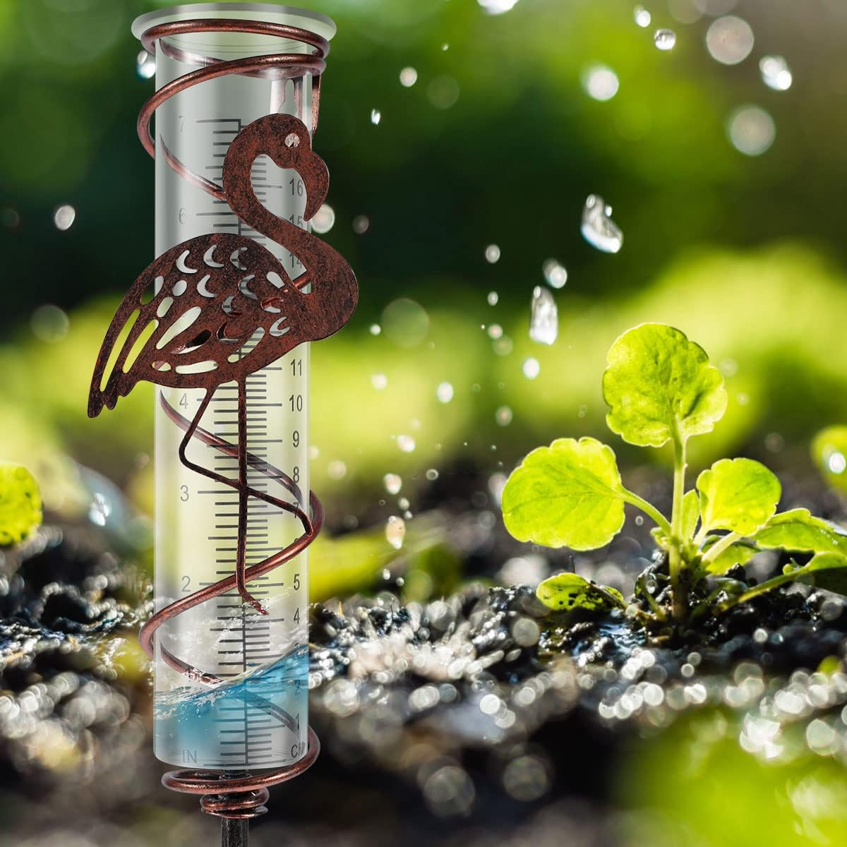 Rain Gauge for Garden - 7Inch Capacity Metal Spiral Rain Gauge with Bird Ornament Outdoor Water Gauge Rain Falling Measuring Instrument for Patio Lawn Backyard Decoration (Flamingo) image number 4