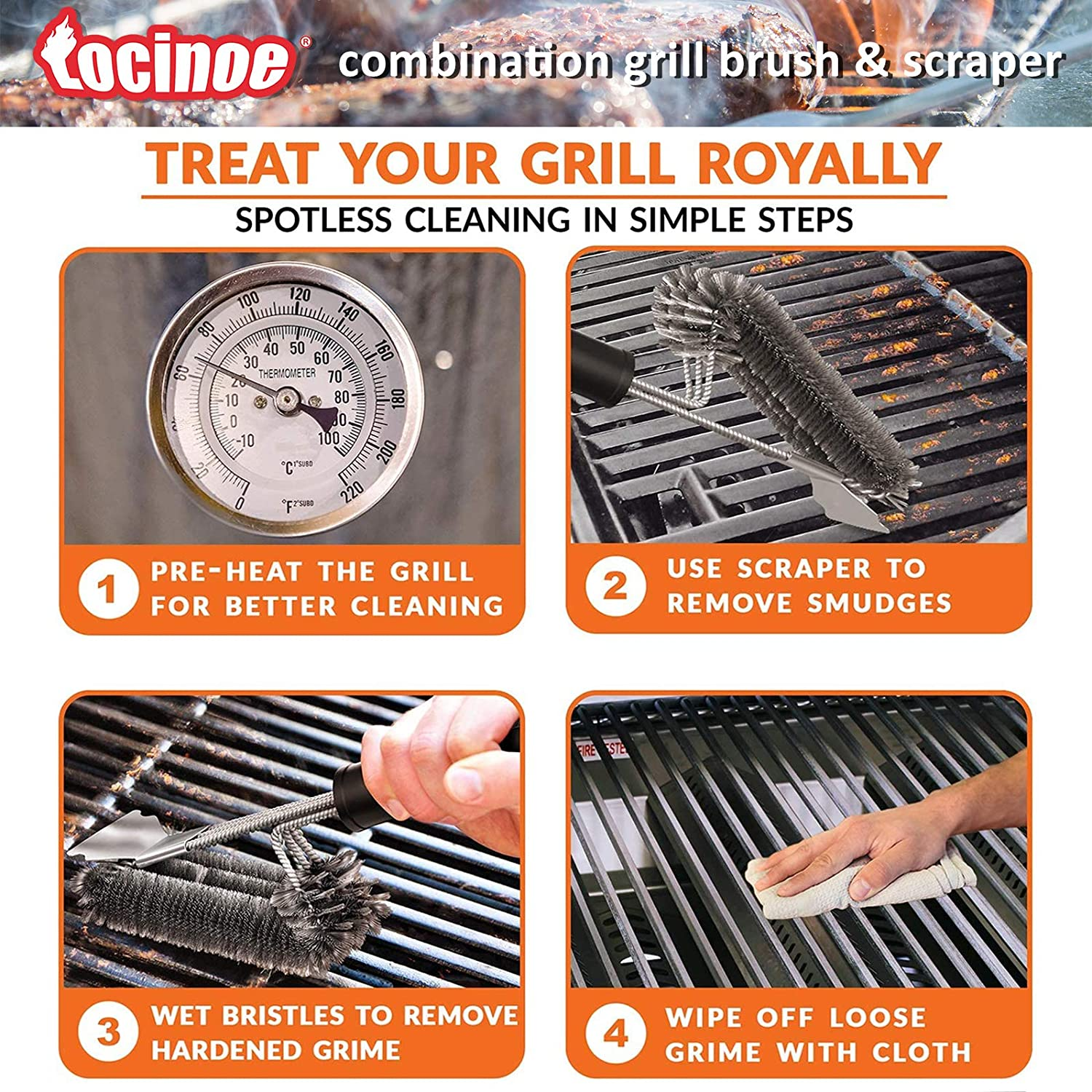 Grill Brush and Scraper - Extra Strong BBQ Cleaner Accessories - Safe Wire Bristles 18" Stainless Steel Barbecue Triple Scrubber Cleaning Brush for Gas/Charcoal Grilling Grates, Wizard Tool&hellip; image number 4
