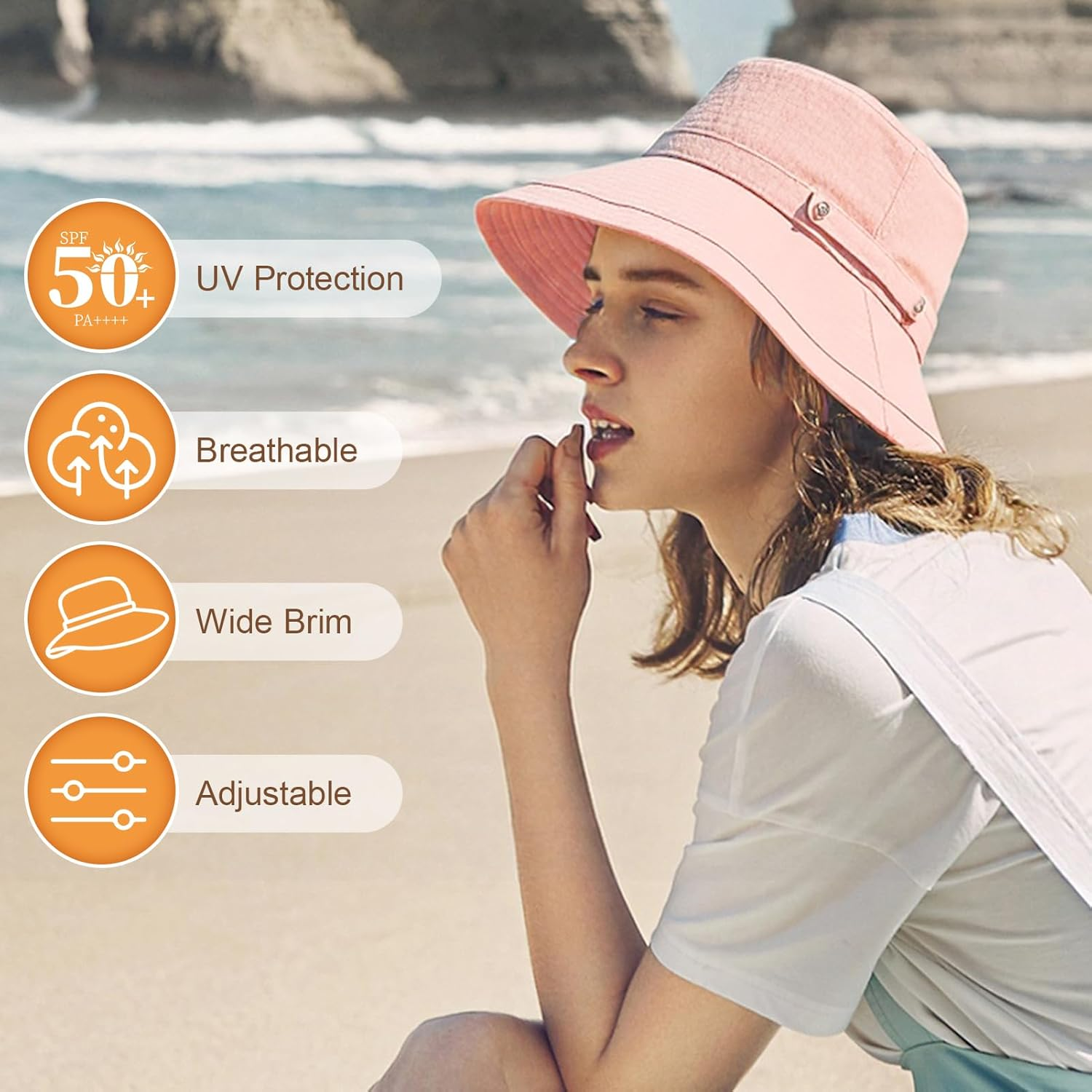 KEOYA Women'S Cotton Linen Bucket Hat Wide Brim Sun Hat with SPF50+ Adjustable Button Detachable Windproof Chin Strap image number 4