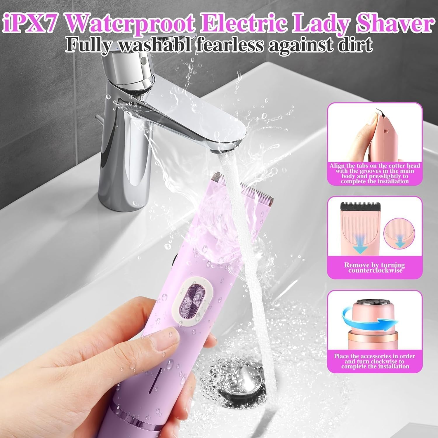 Electric Razors for Women, 2 in 1 Wet and Dry Body Electric Shaver, Silk Glide Epilator Painless Hair Removal at Home, Double Head Dual Purpose Hair Trimmer for Bikini Trimmer Legs Underarm, Ipx7 Waterproof Electric Shaver (Purple) - Pink image number 6