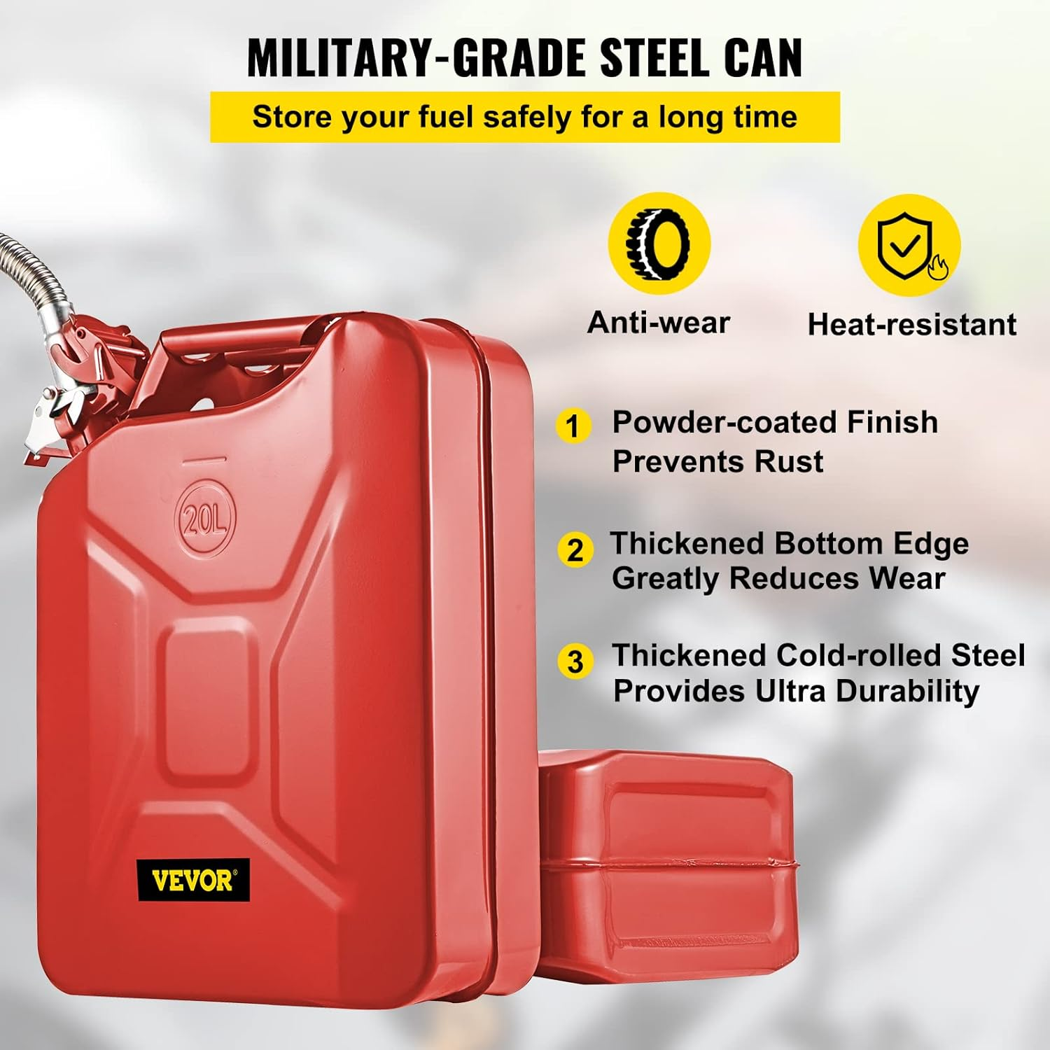 VEVOR Jerry Fuel Can, 20 L Portable Jerry Gas Can with Flexible Spout System, Rustproof ＆ Heat-Resistant Steel Fuel Tank for Cars Trucks Equipment, Red