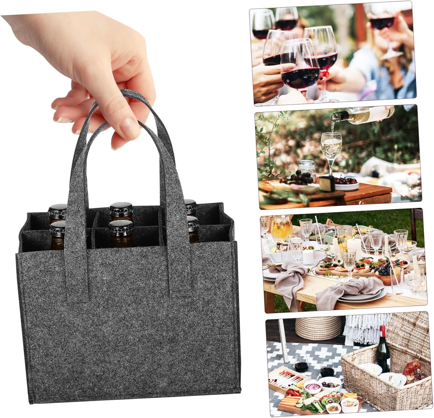 MAGICLULU Felt Wine Bottle Carrier Bag with Divider 6 Bottles Handbag Tote Medium Gray Thick Felt for Travel Camping Picnic 4Pcs image number 1