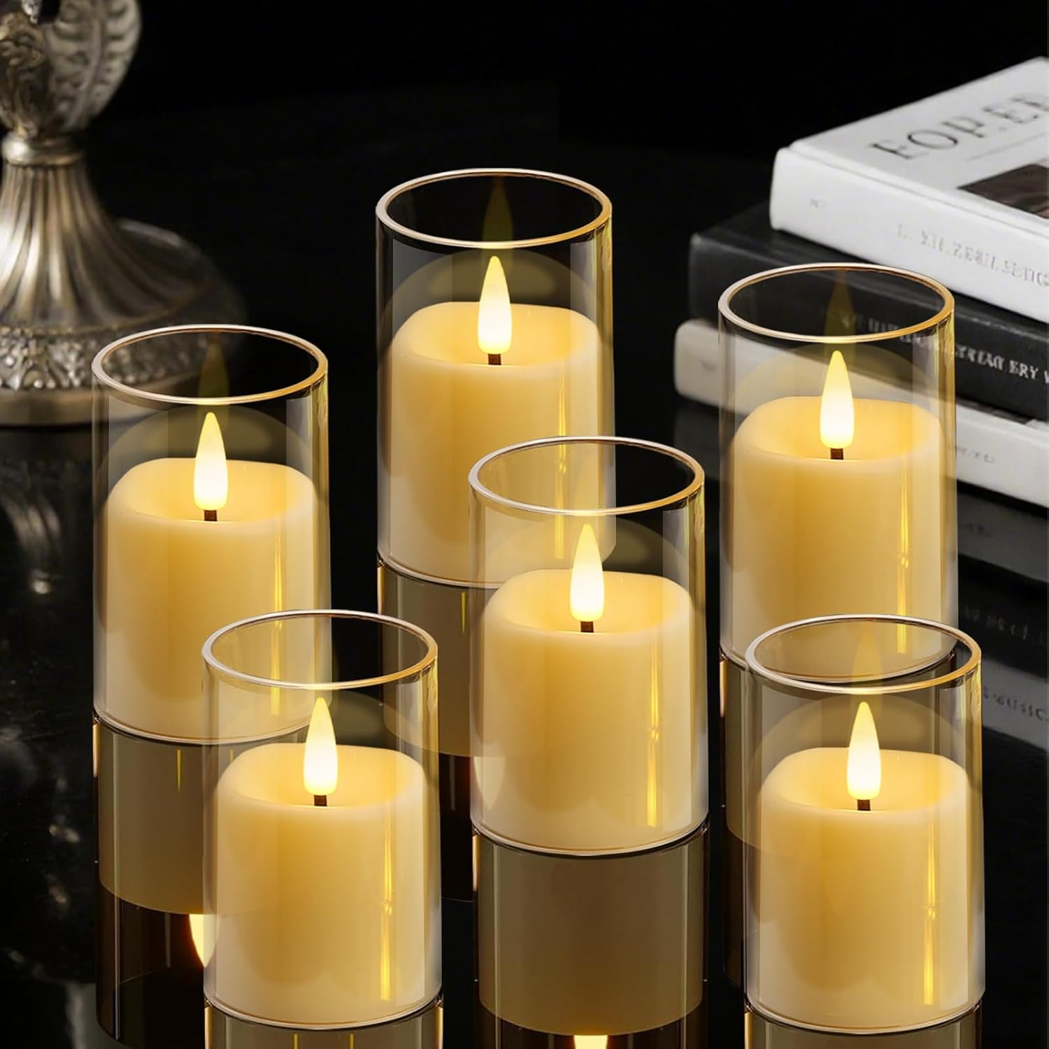 Neween Flickering Flameless Candles Set of 3, 3D Moving Wick Acrylic Battery Operated LED Pillar Candles with Remote and Timer for Christmas Halloween Valentine Party Decor (Clear, D3 H4 5" 6")