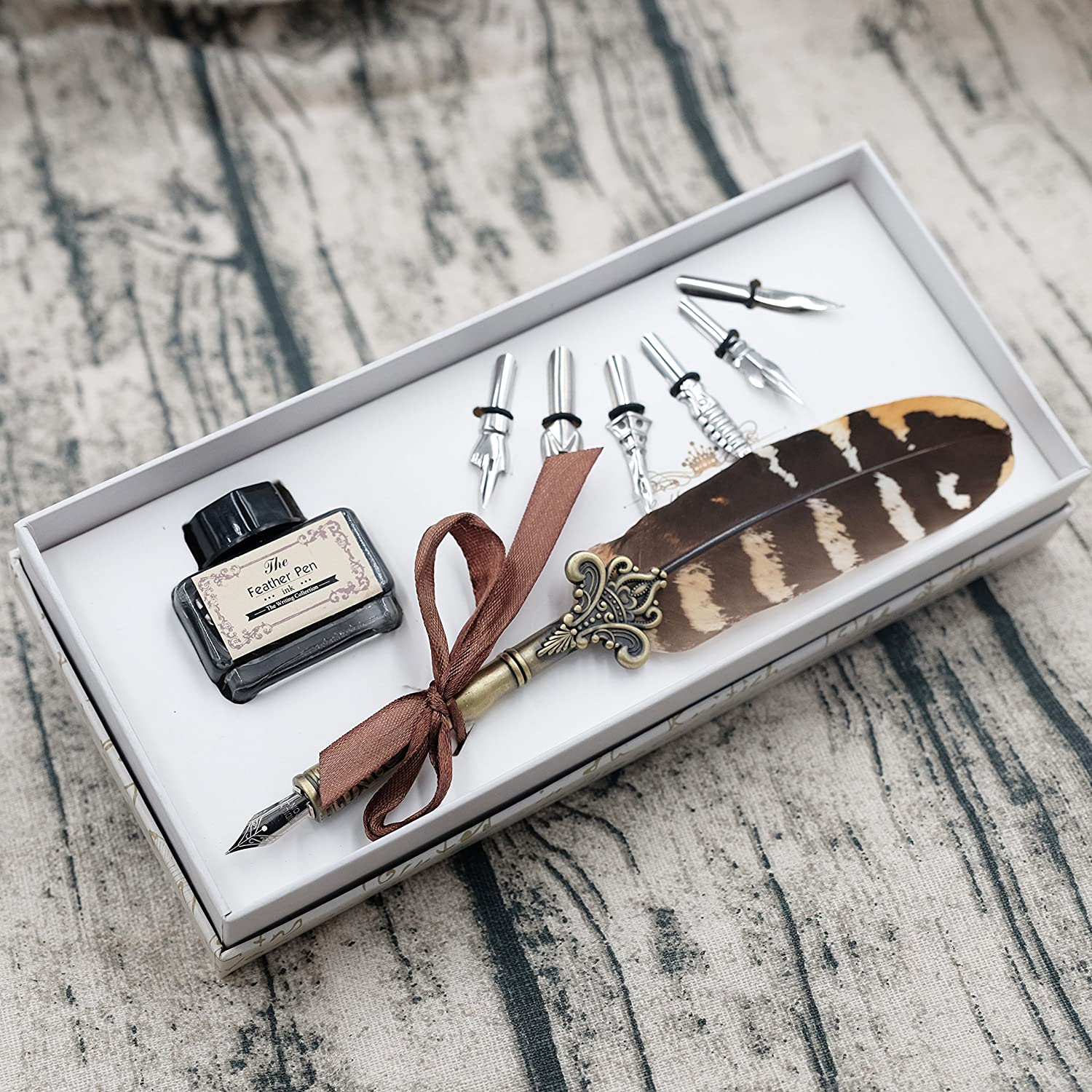Feather Quill Pen Set Dip Pen with Ink and 6Pcs Stainless Steel Nibs Calligraphy Pen in Gift Box HO-Q-300