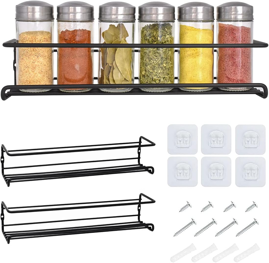 Joeji'S Kitchen Black 2-Tier Spice Shelf Herb Rack - Seasoning Organiser for Kitchen - Wall Hanging Spice Rack Organiser - Spice Rack for Spices, Condiments, Cooking Tools
