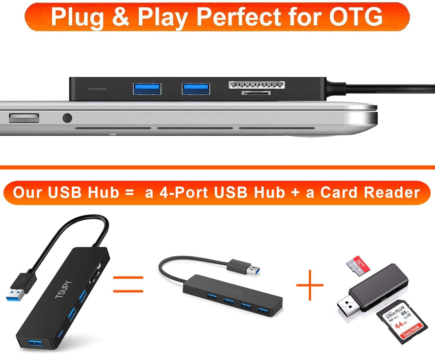 USB Hub 3.0, TSUPY 5 in 1 Multiport Adapter USB 3.0 Hub with SD Micro SD Card Reader, 3 USB 3.0 Ports Compatible for Laptop, Macbook, PC, Printer,Surface Pro, USB Flash Drives image number 5
