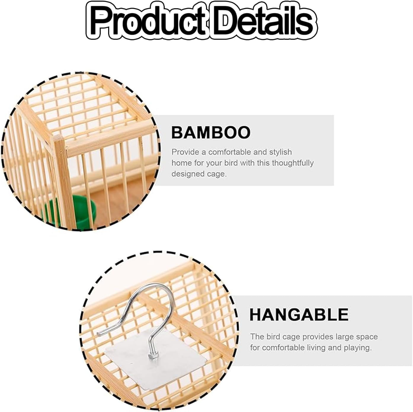 WADY 1Set Bamboo Bird Cage, Bamboo Handmade Boutique Birdcage, with Feeder Plastic Hanging Bird House Carrier, Small Parrot Cage Budgie Lovebird Cockatiel Carrier for Tray and Handle image number 3