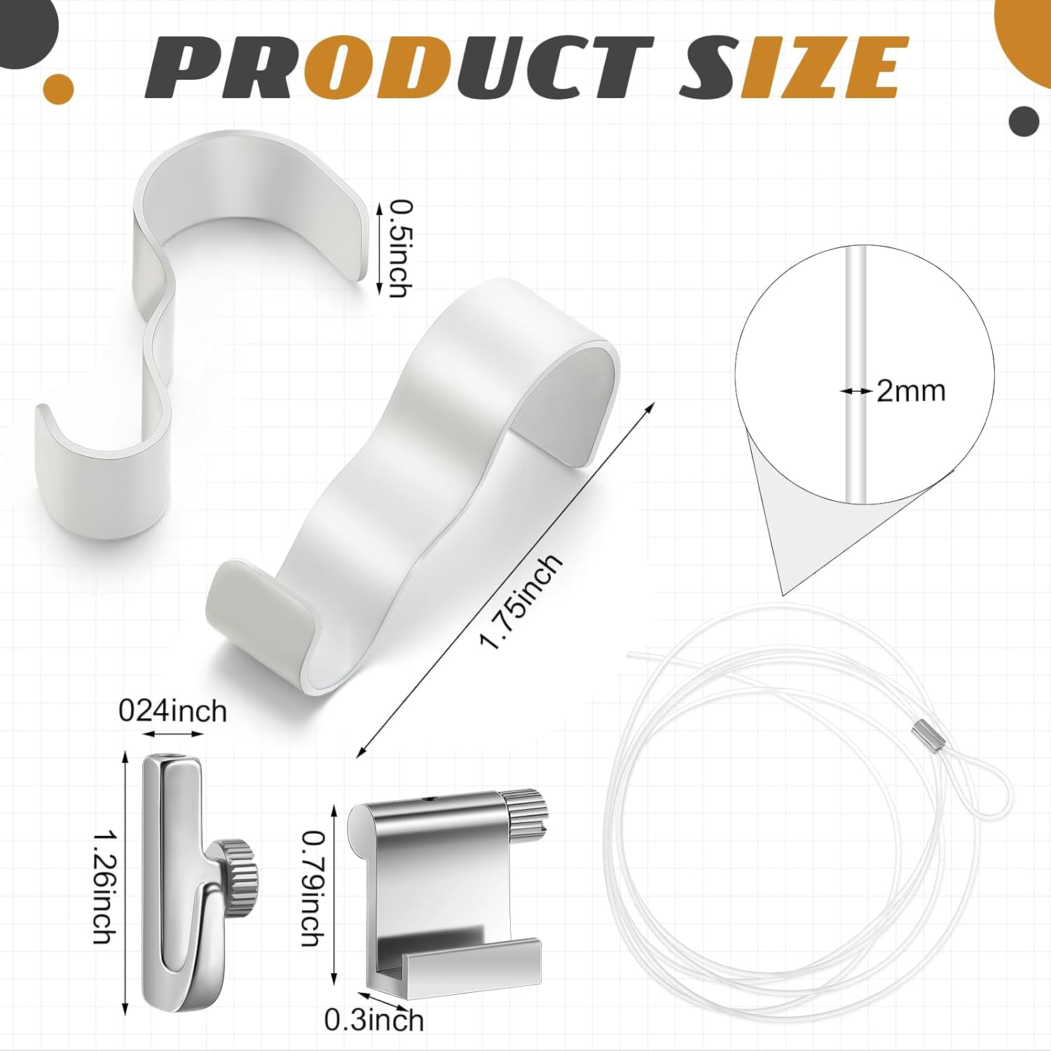 Dunzy 10 Pcs Picture Rail Hanging System Kit Picture Rail Hooks Molding Hangers with Invisible Nylon Cord and Adjustable Hooks for Exhibition, Art Gallery Supplies, White image number 5