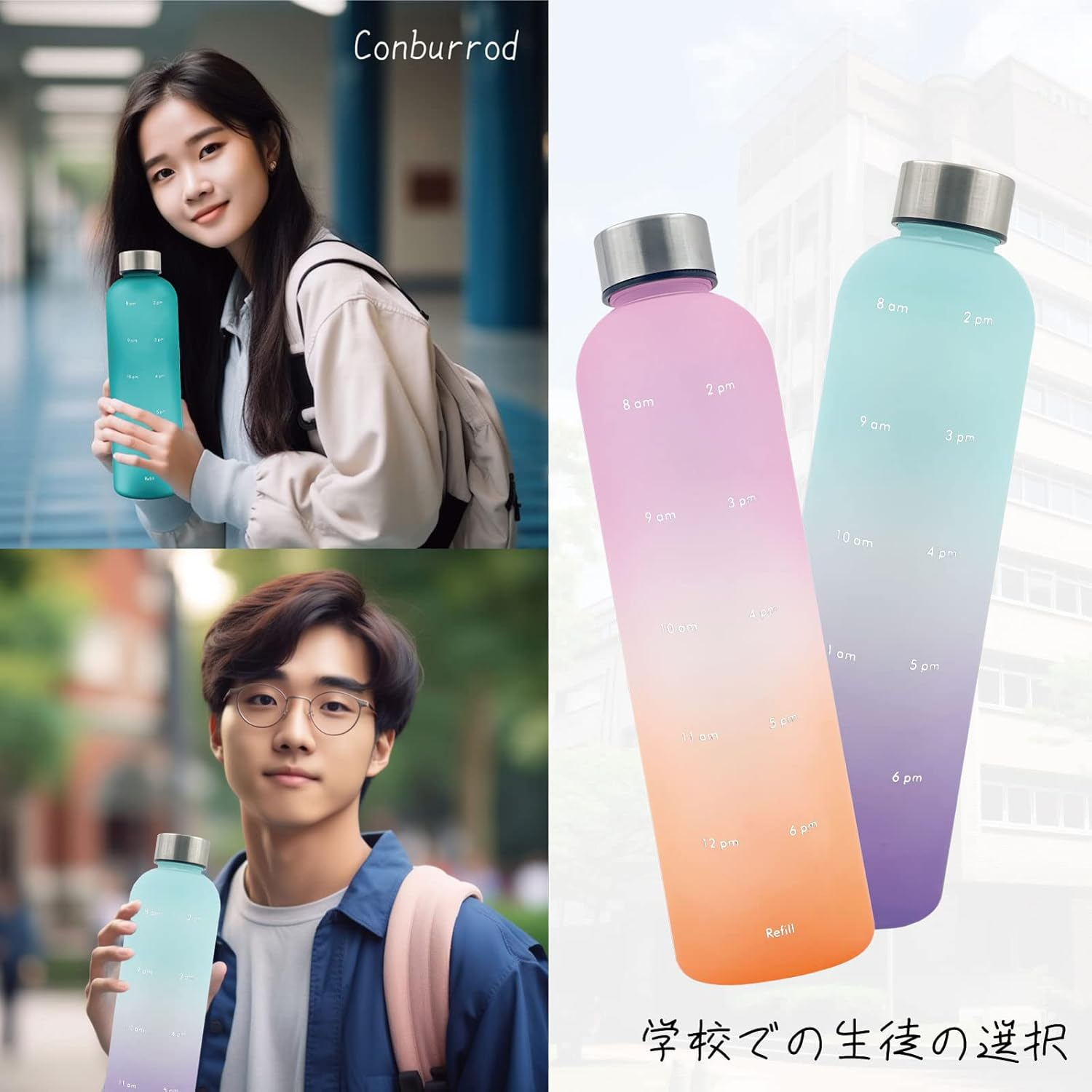 Lightweight Water Bottle Water Bottle 1000Ml with Time Marker Transparent Mint Motivational Measuring Time and Volume BPA Free Frosted Plastic Screw-In Stainless Steel Lid for Gym, Sports - Red image number 6