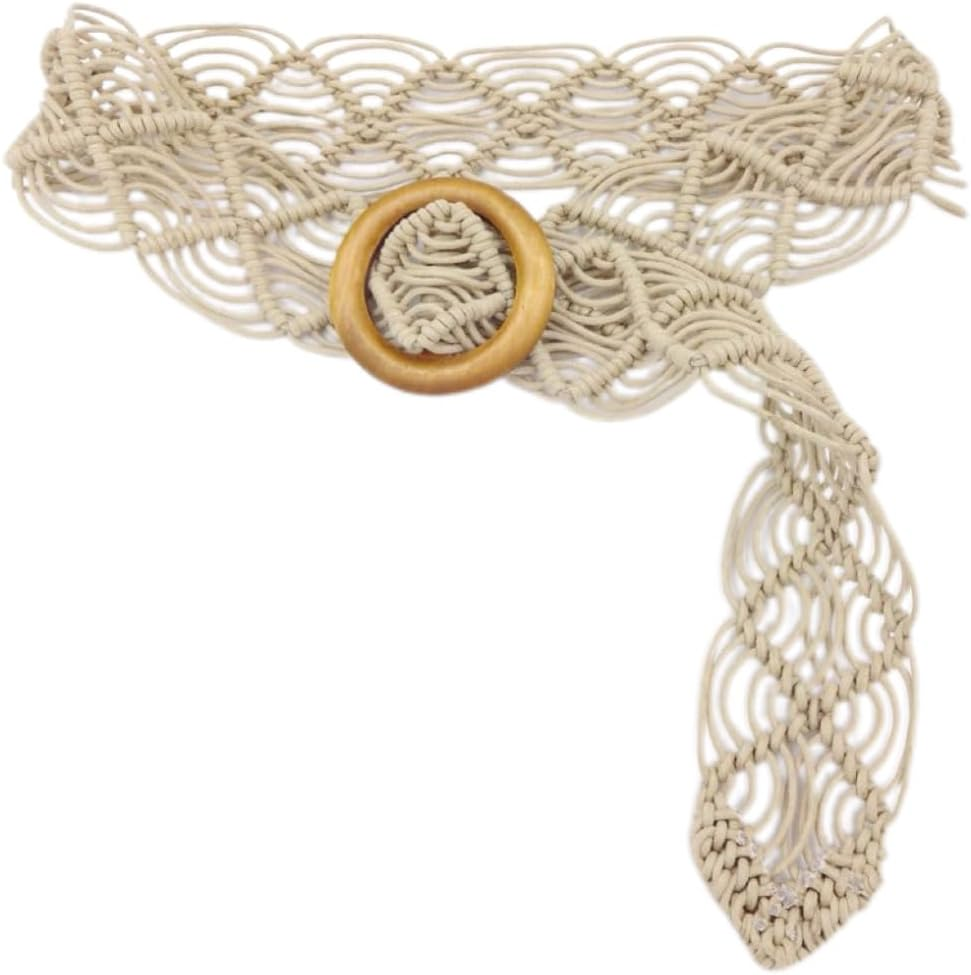 Belts Boho Woven Rattan Rope Braid Waist Belt with O-Ring Wooden Buckle Bohemian Style Skirt Fashion Skinny Macrame Waistband for Women Girls Braided Belt Dress Jeans image number 4