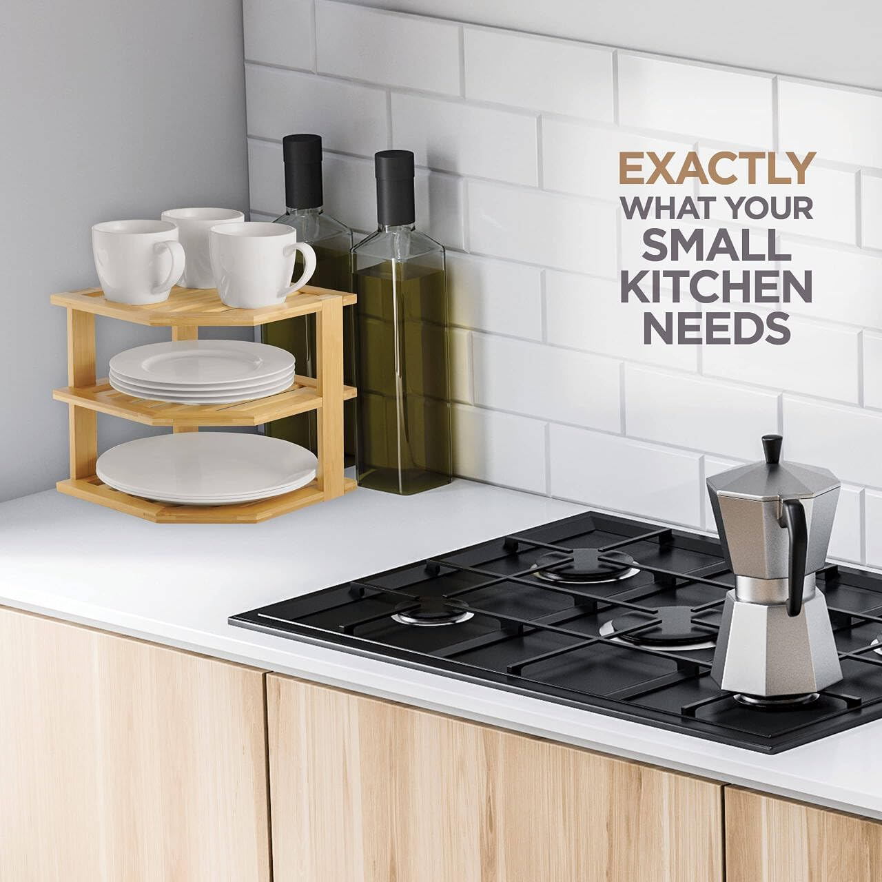 Bamboo Corner Shelf - Stackable Kitchen Bench Top Organiser, Cabinet & Pantry Shelf for Plates, Spices, Dishes - Home Storage & Organisation, Spice Rack Organiser, Space-Saving Cupboard Organiser image number 6