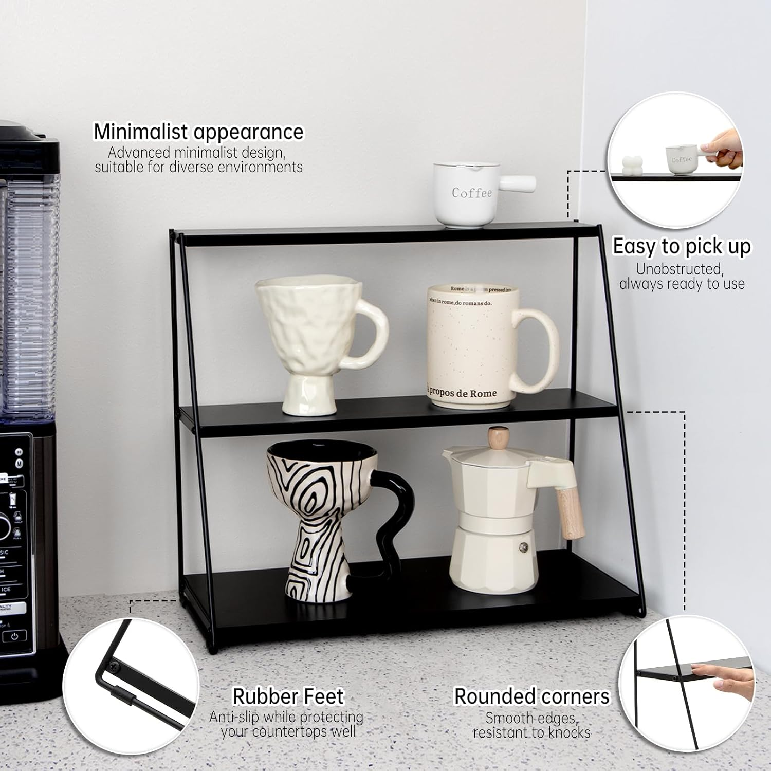 PUERSI Coffee Mug Holder, Mug Display Rack for Countertop, Metal Coffee Cup Holder, 3 Tier Mug Shelf for Coffee Bar, Coffee Station Accessories, Coffee Bar Organizer for Kitchen, Office, Home - Black image number 5