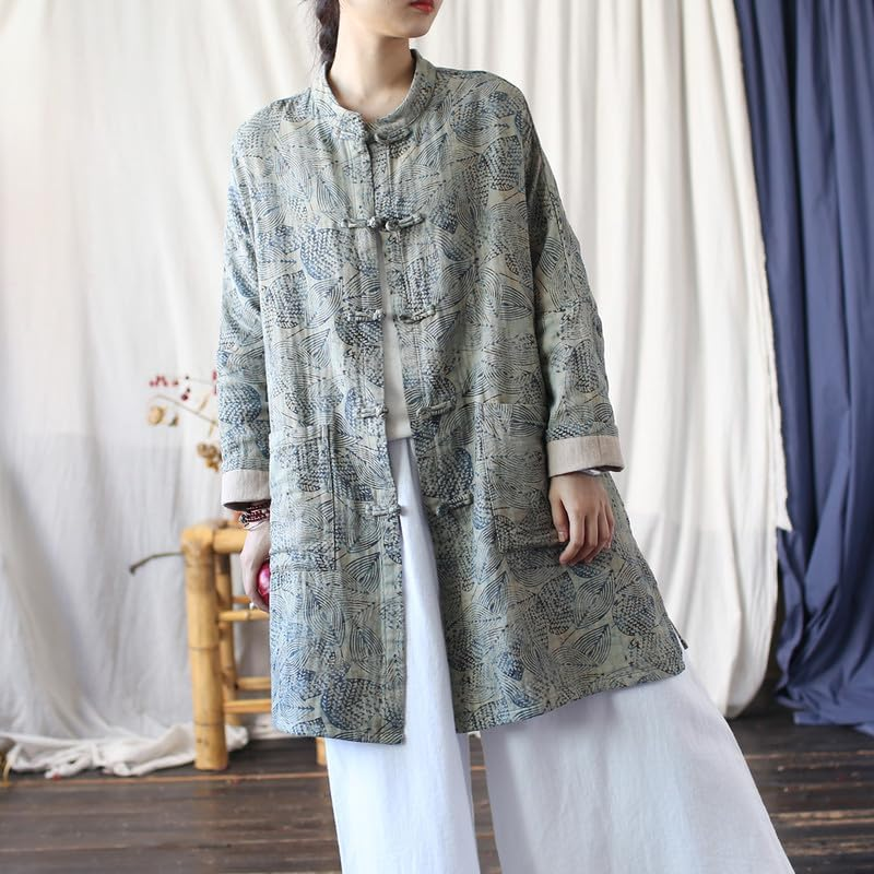 Women'S Vintage Chinese Style Cotton Linen Jacket Long Sleeve Frog Button Loose Leaf Print Tunic Top image number 6