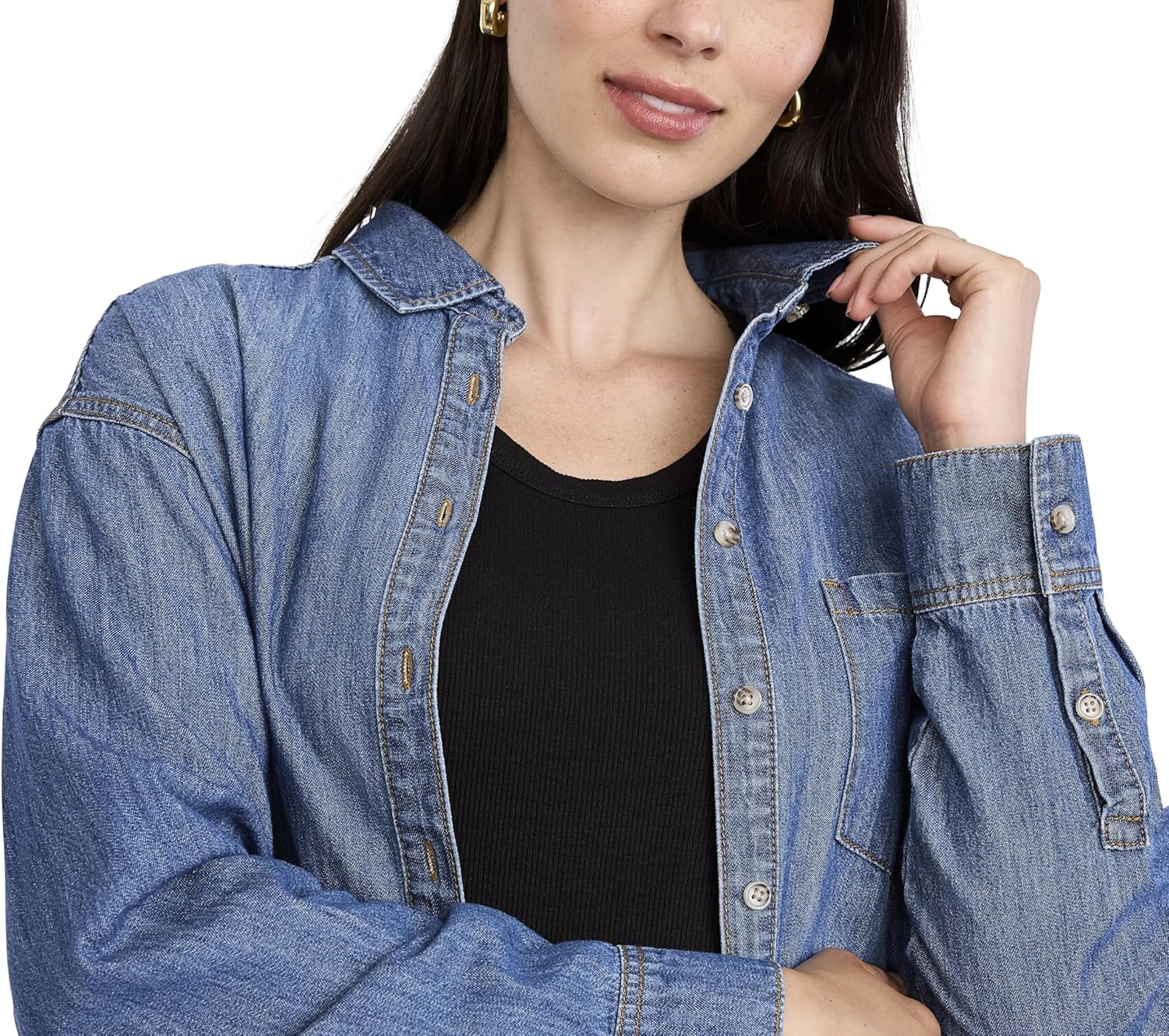 Motherhood Maternity Women'S Denim Shacket Long Sleeve Button down Pregnancy Shirt image number 1