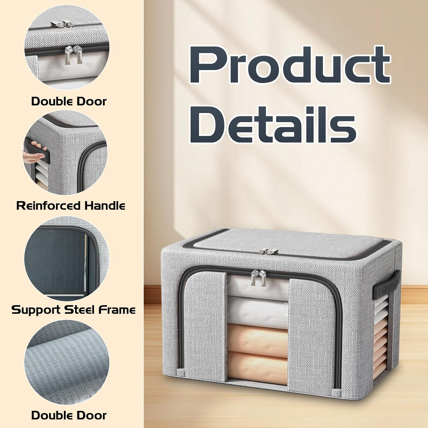 Resszo Pack of 3 Foldable Storage Boxes, 24 L Cupboard Organiser for Clothes Storage & Organisation, with Metal Frame and Zip, Suitable for Duvets, Blankets and Clothes - Grey image number 4