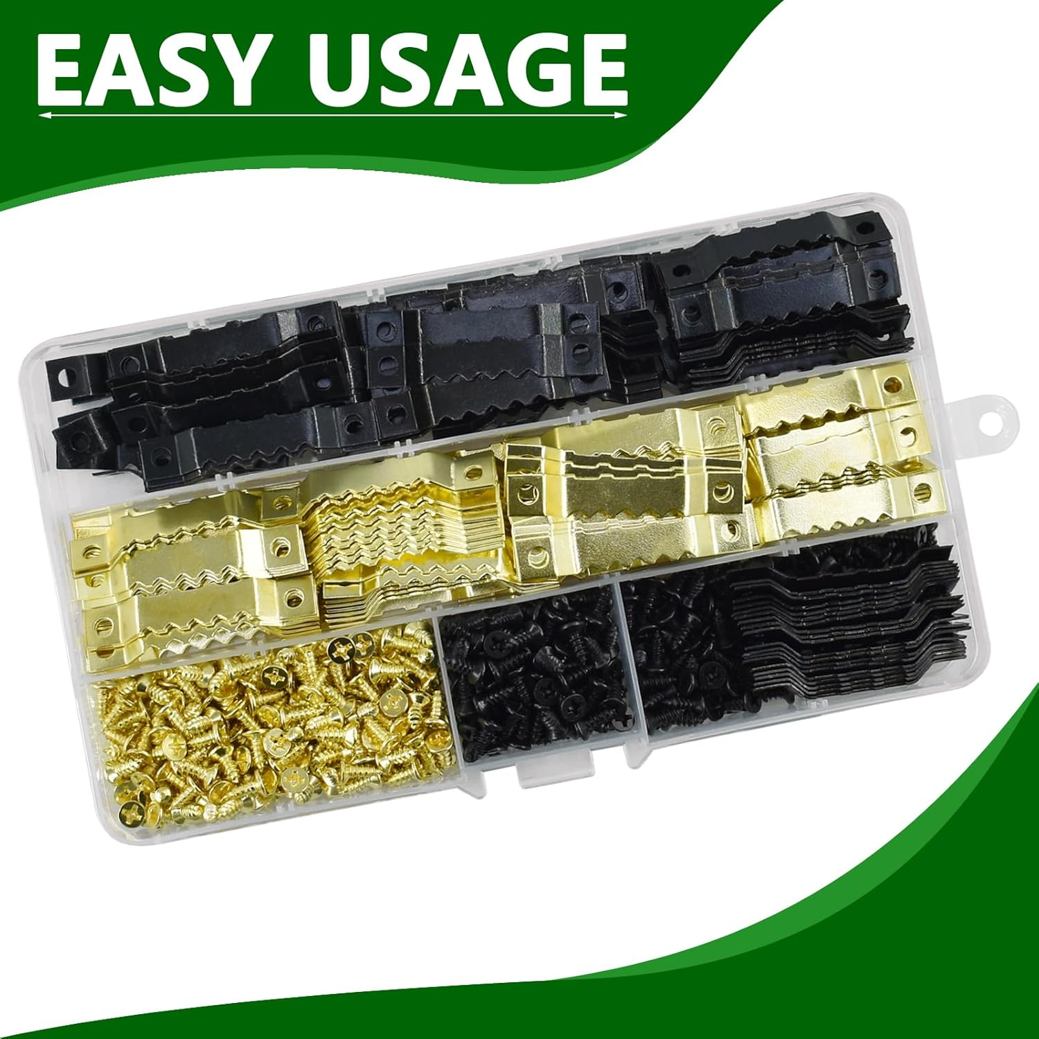 SHRJ 240Pcs Sawtooth Picture Hangers Metal Central Pressure Groove Black and Gold Zigzag Frame Hanger with Screws for Hanging Heavy Picture Canvas Paintings Photos Frame Board Clock Artwork Clipboard image number 2