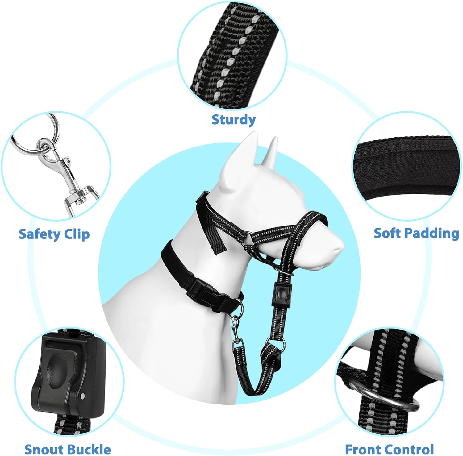 BARKLESS Soft Dog Head Collar, Patented Padded No Pull Head Halter, Training Nose Leash with Safety Link for Medium Large Dogs, Adjustable Muzzle Leash, Easy Control for Walking(Black, M) image number 2