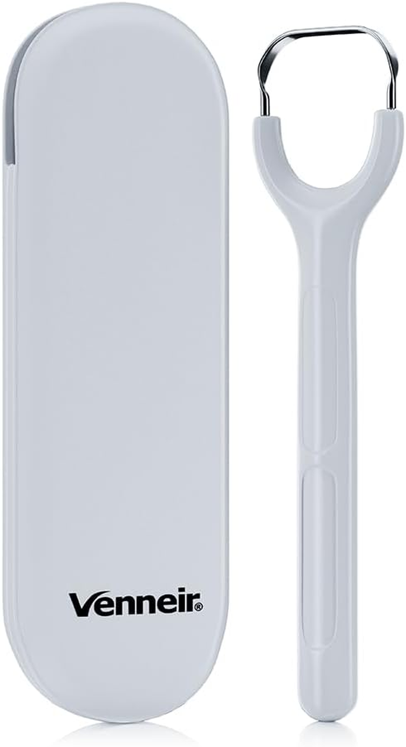 Venneir&reg; Tongue Scraper with Travel Case, Oral Glide Pro&ndash;Bad Breath Treatment, Medical-Grade Stainless Steel&ndash; for Adults & Kids. 100% Rustproof, Sleek & Effective Design (Slate White)