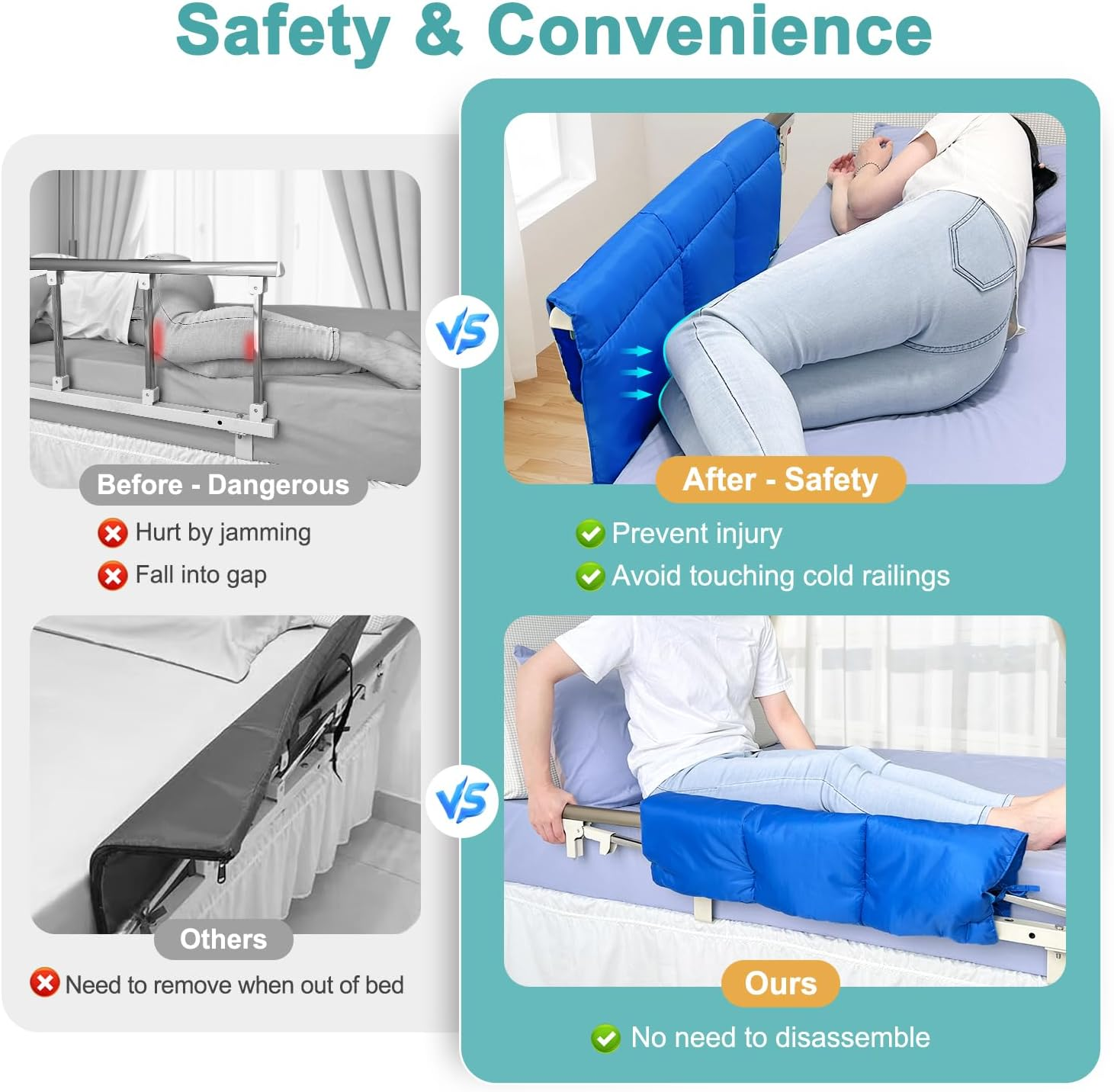 Bed Bumper Pads for Hospital Bed Rail Cover Crib Padding Bedside Safety Guard for Adults Medical Foam Bumper Pads Padding Cover Falling Out of Bed Crash Bumpers 30"X12" (Blue,1 PCS) image number 3
