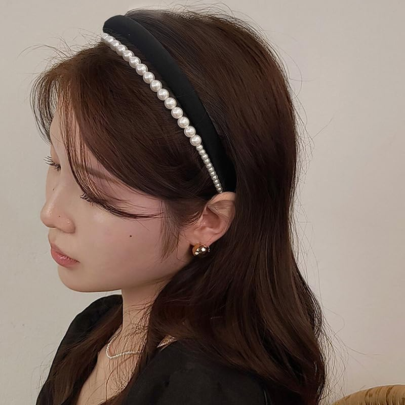 Black Padded Double Layer Headband White Pearl Headbands for Women Girls Pearl Puffy Head Band Layered Head Bands Pearls Hair Hoop Band Faux Pearl Headband Sponge Headbands