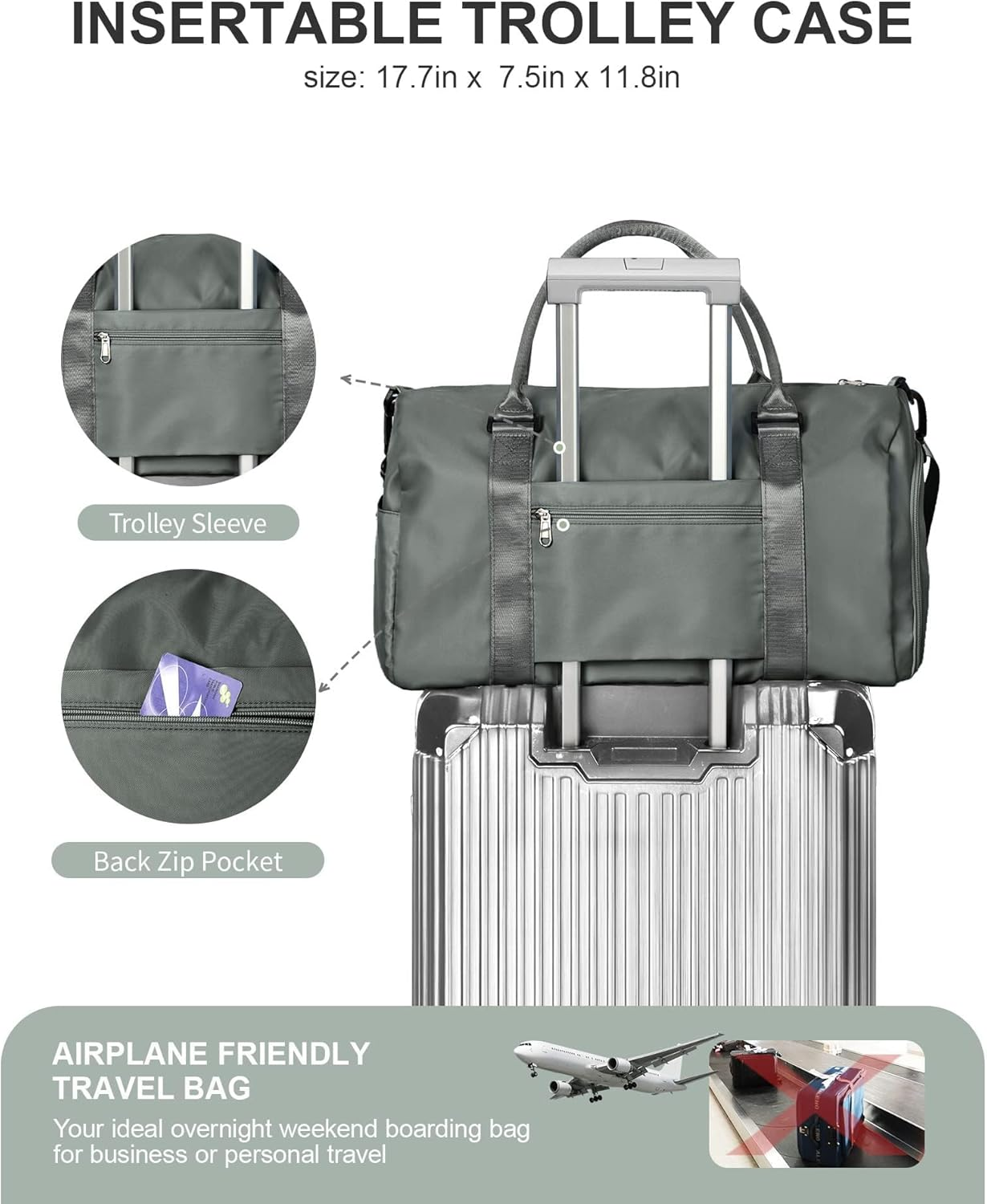 Gym Bag, with Shoes Compartment and Wet Pocket Travel, Waterproof, Duffel Bag, Gym Tote Bag, for Swimming, Yoga, Weekend Overnight Bag, Carry on Bag, Hospital Holdalls, for Womens Mens (Green) image number 5