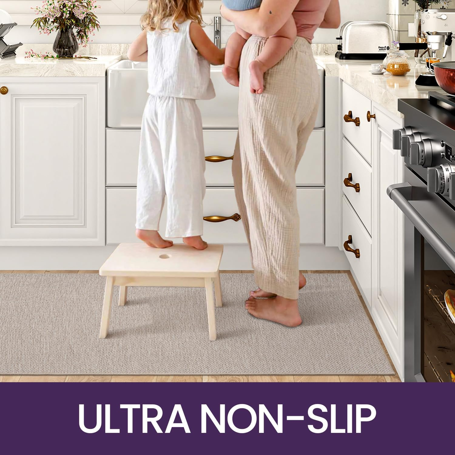 DEXI Kitchen Rugs and Mats for Floor, Non Slip Washable Absorbent Thin Woven Runner Rug for Front of Sink, Laundry Room, Hallway, 43.5X75Cm+43.5X150Cm, Beige - Grey image number 6