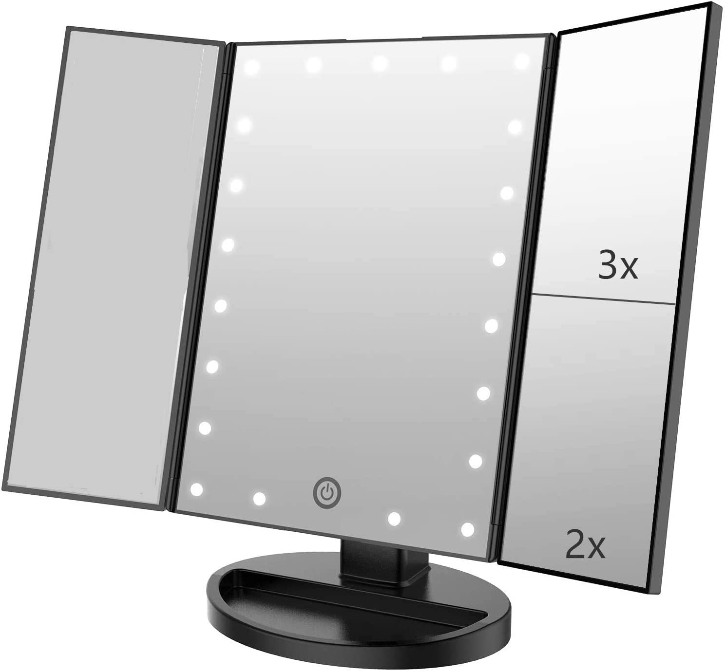 Tri-Fold Lighted Vanity Makeup Mirror with 3X/2X/1X Magnification, 21 LLED Light and Touch Screen,Dual Power Supply, Portable LED Makeup Mirror, Travel,Women Gift (Green)