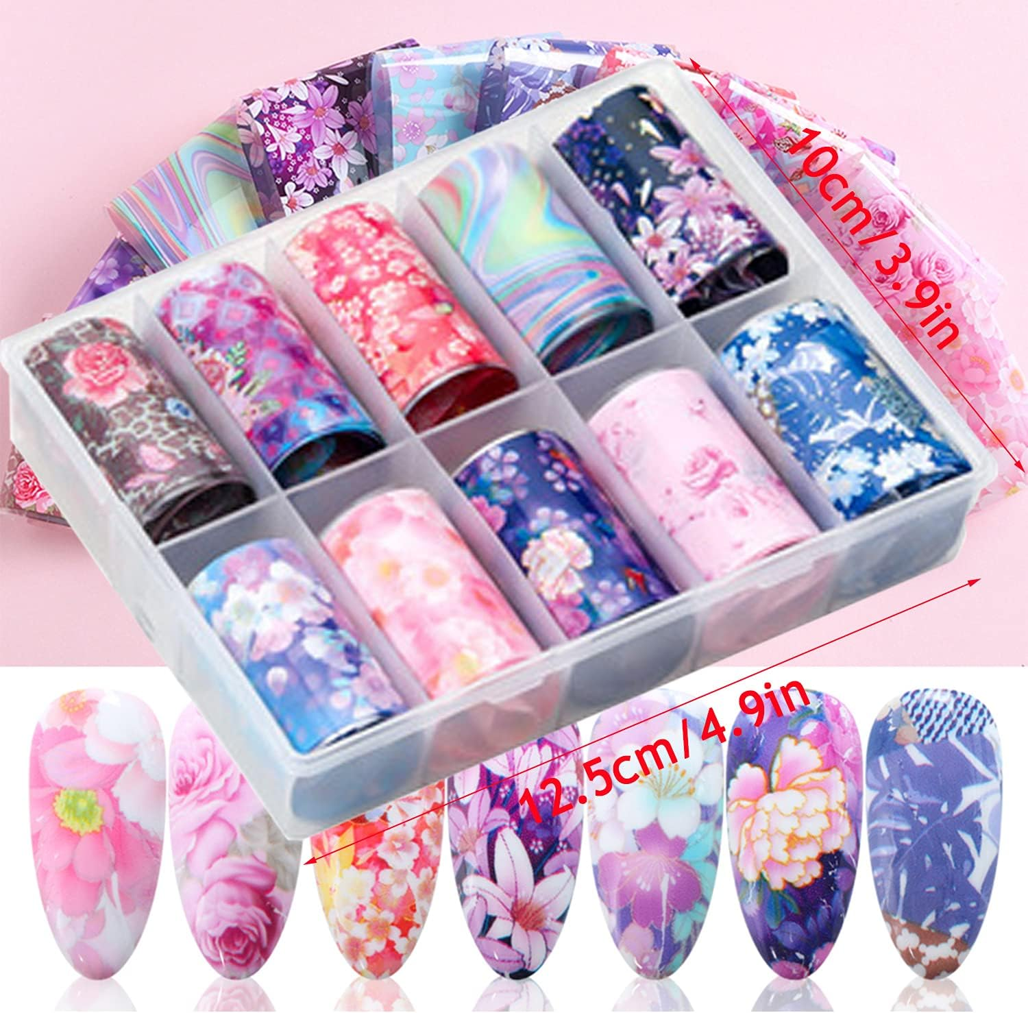 Flowers Nail Art Foil Transfer Stickers Decals, Holographic Pink Floral Nail Art Design, Nail Art Foils for Nail Transfer Glue Polish, Women Fingernails Toenails Acrylic Nails Decoration (10 Rolls) image number 3