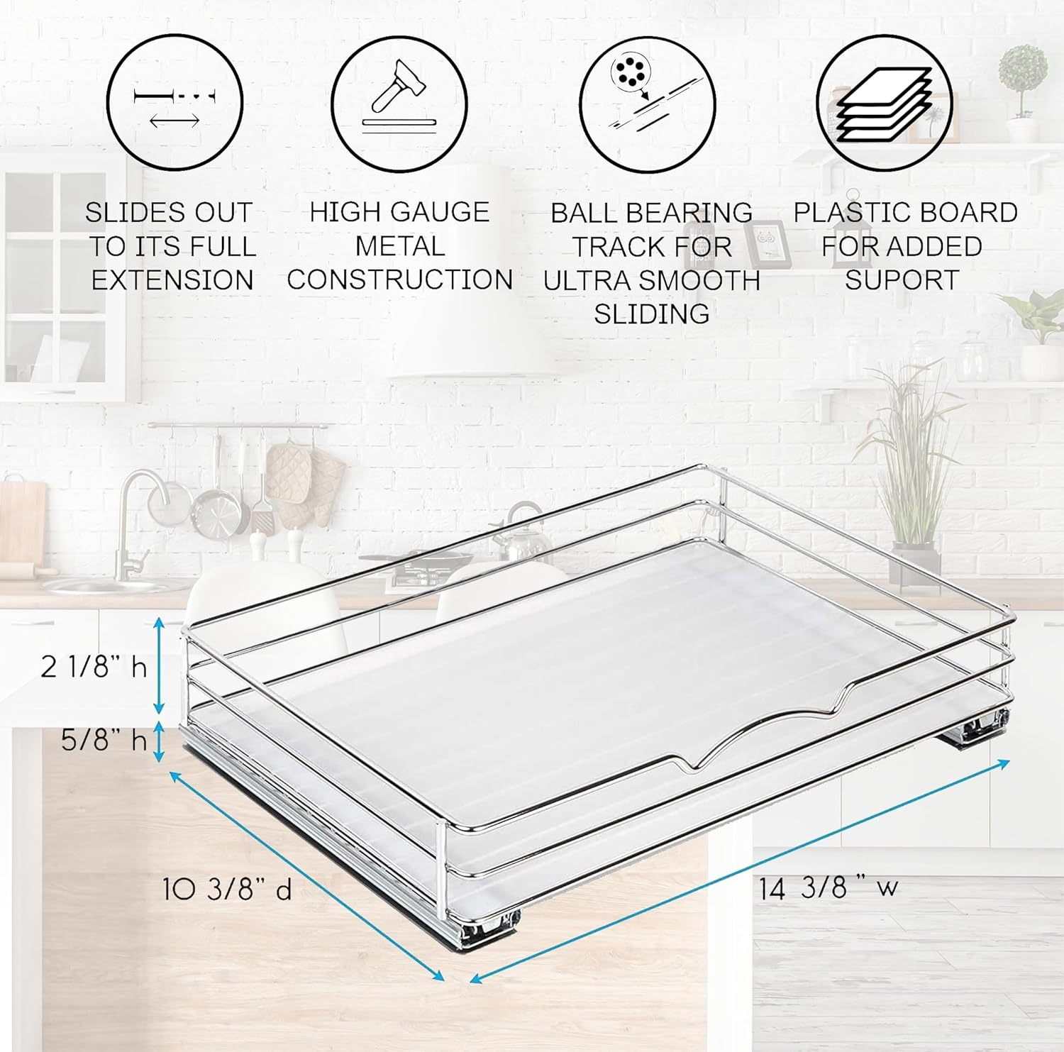 Pull Out Cabinet Organizer for Spices, Cans - Heavy Duty with Lifetime Limited Warranty- Pull Out Spice Rack- Cabinet Pull Out Shelf for Cans,Dishes, Etc, 14-3/8"Wx 10-1/2"D X 2-3/4&rdquo; H, Chrome image number 6