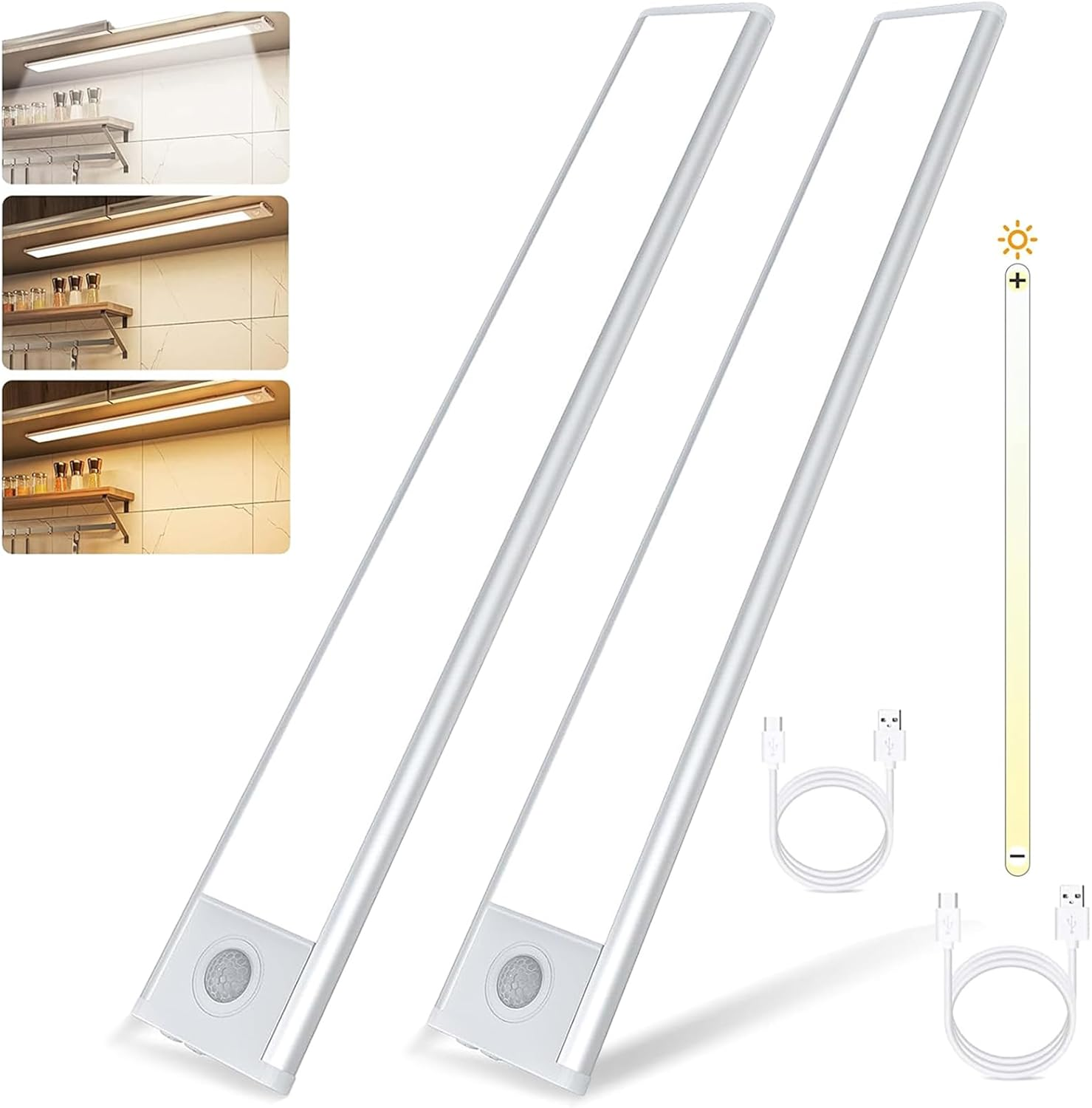 2Packs（20Cm） Closet Lights under Cabinet Magnetic Motion Sensor Wireless USB Rechargeable 68-LED 3 Color Dimmable Magnet Touch Light Bar for Wardrobe, Cabinet, Kitchen Stairs Hallway Camping image number 4