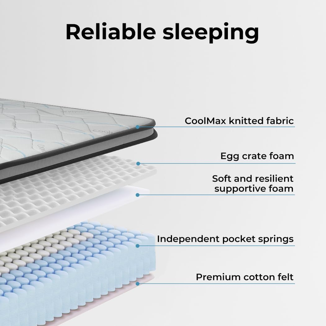 Dreamz Single Spring Mattress Knitted Fabric, Hypo-Allergenic Materials, Pocket Spring System, HD Foam Medium Firm Coil Bedding Tight Top, 25CM Thickness, Breathable Top,15Yrs Warranty, White