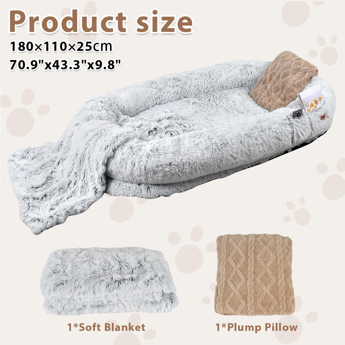 Anshine Human Dog Bed, 180X110X25 Cm Dog Bed for You and Pets, with Memory Foam, Plump Pillow, Blanket, Washable Faux Fur Dog Bed for People Doze Off, Napping Orthopedic Dog Bed - Grey