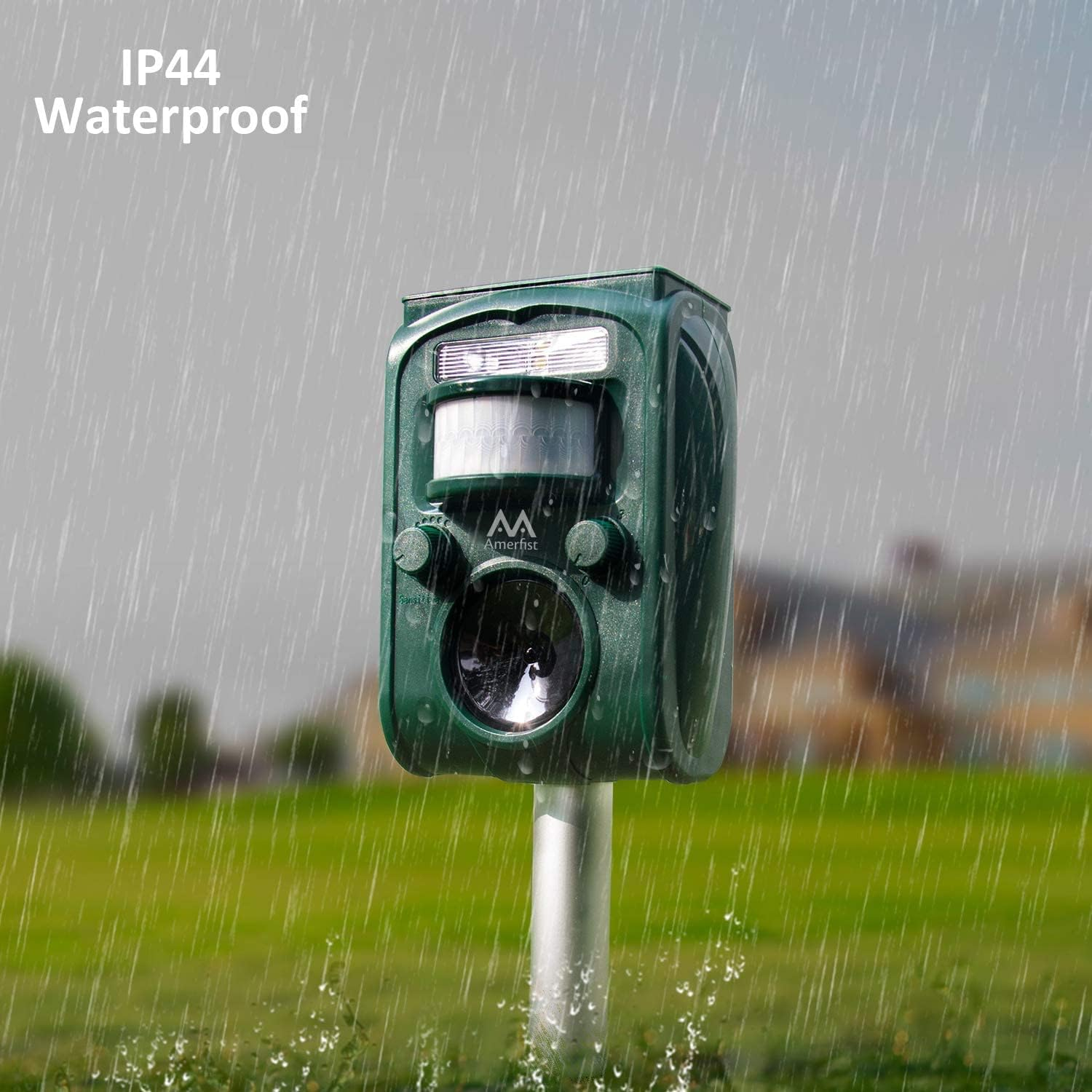 AMERFIST Solar Animal Repeller, 2021 Ultrasonic Mole Repellent, Rat, Squirrel, Deer, Raccoon, Skunk, Rabbit, Mole, Dog, Cat, Waterproof with Motion Detector, USB Rechargeable, Flashing Light (Green) image number 2
