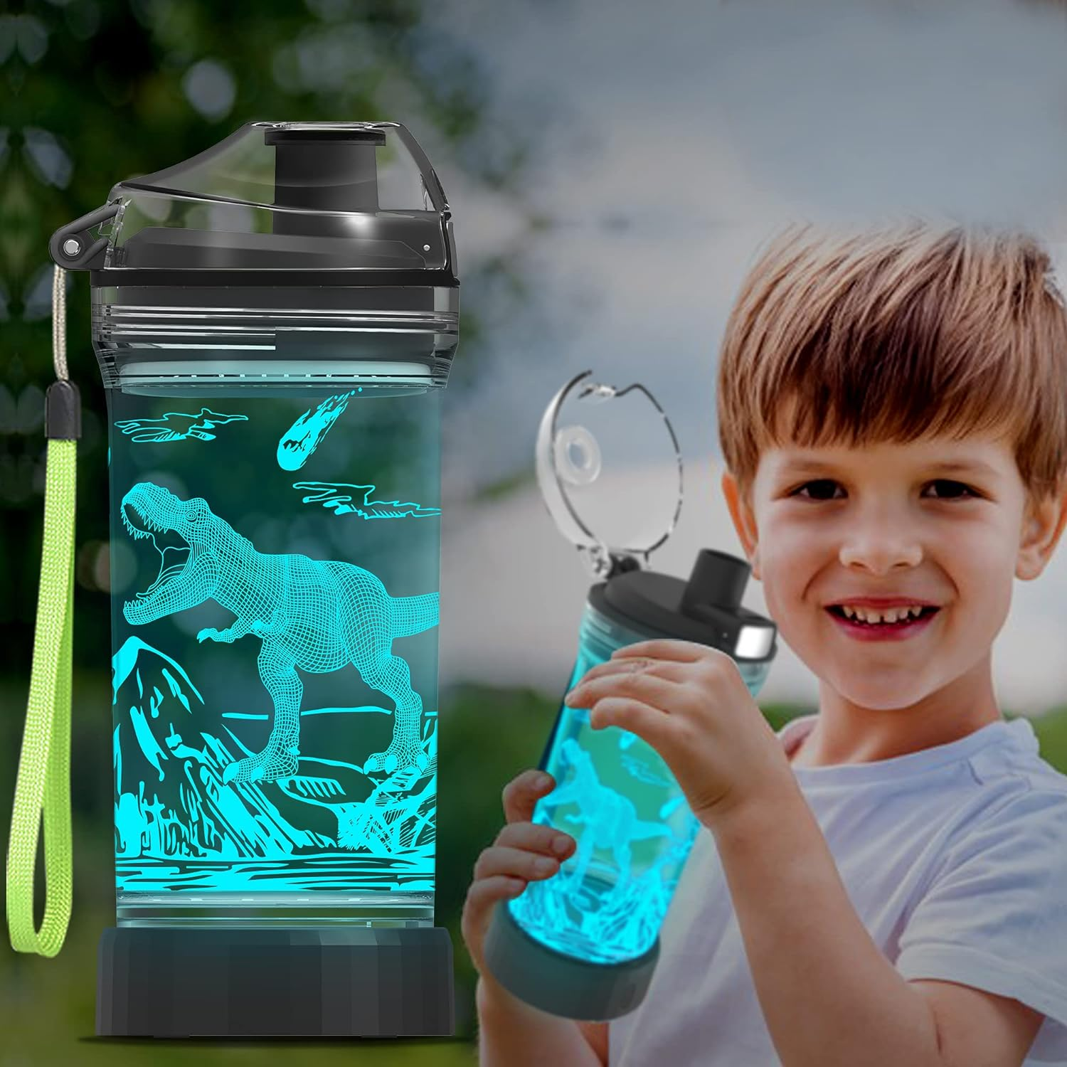 Ammonite Dinosaur Water Bottle for Kids with 3D Glowing LED Light - 14 OZ Tritan BPA Free - Creative Ideal Travel Cup Dinosaur Jurassic School Kid Boy Child Holiday Camping Picnic image number 3
