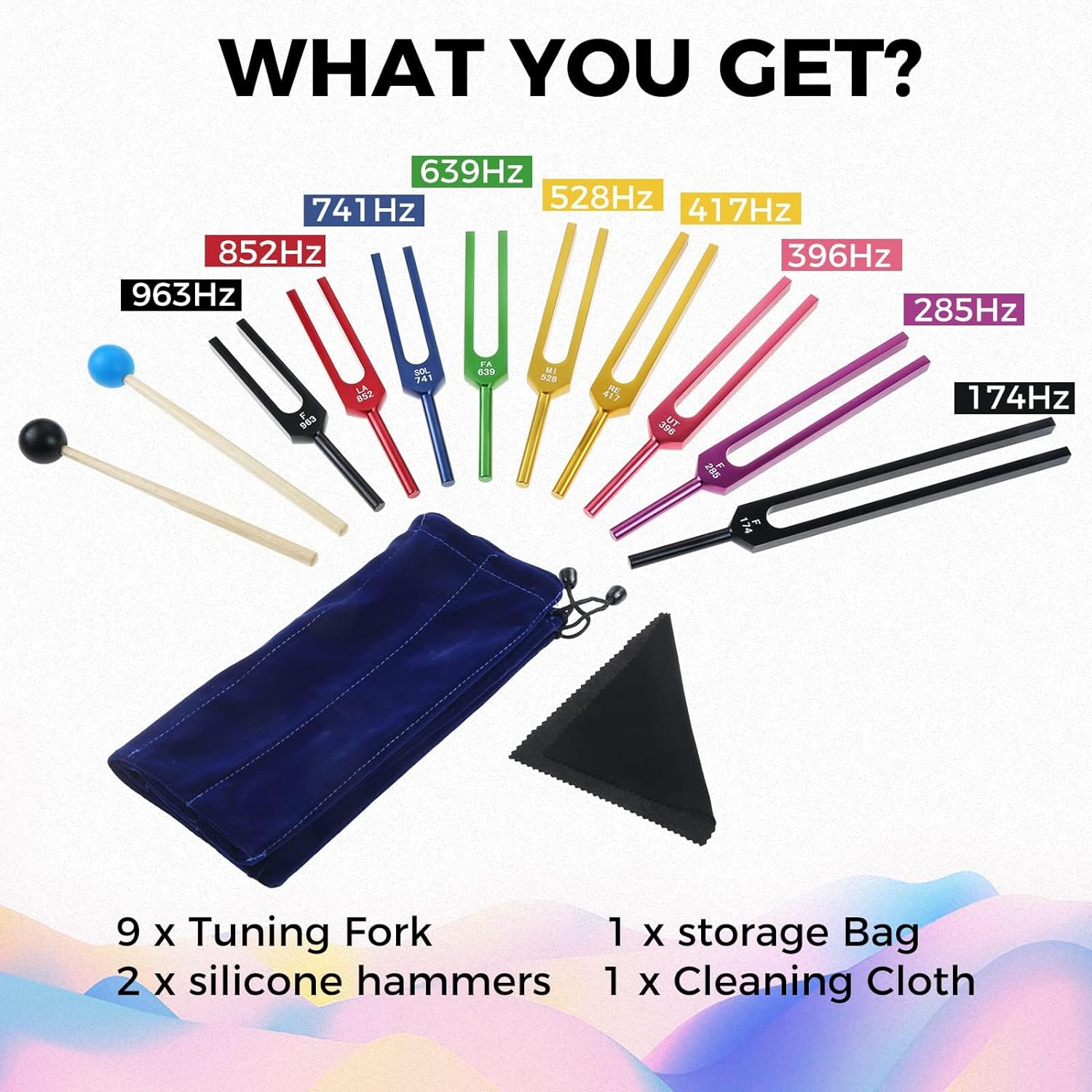 Solfeggio Tuning Fork Set for Healing, Vibration, Sound Therapy, 9 PCS Color Tuning Forks for with 2 PCS Silicone Hammers, Storage Bag(174Hz, 285Hz, 396Hz, 417Hz, 528Hz, 639Hz, 741Hz, 852Hz, 963Hz) image number 5
