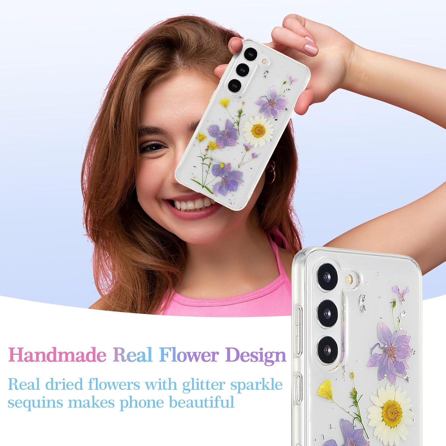 EYZUTAK Dried Flower Case for Samsung Galaxy S23, Soft Slim TPU Clear Sparkle Stars Glitter Silicone Gel Shockproof Flower Protective Case Light Blue image number 3