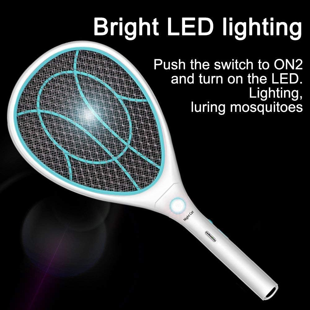 Night Cat Electric Mosquito Fly Swatter Bug Zapper Bat Racket, Pests Insects Control Killer Repellent, USB Rechargeable, LED Lighting, Double Layers Mesh Protection