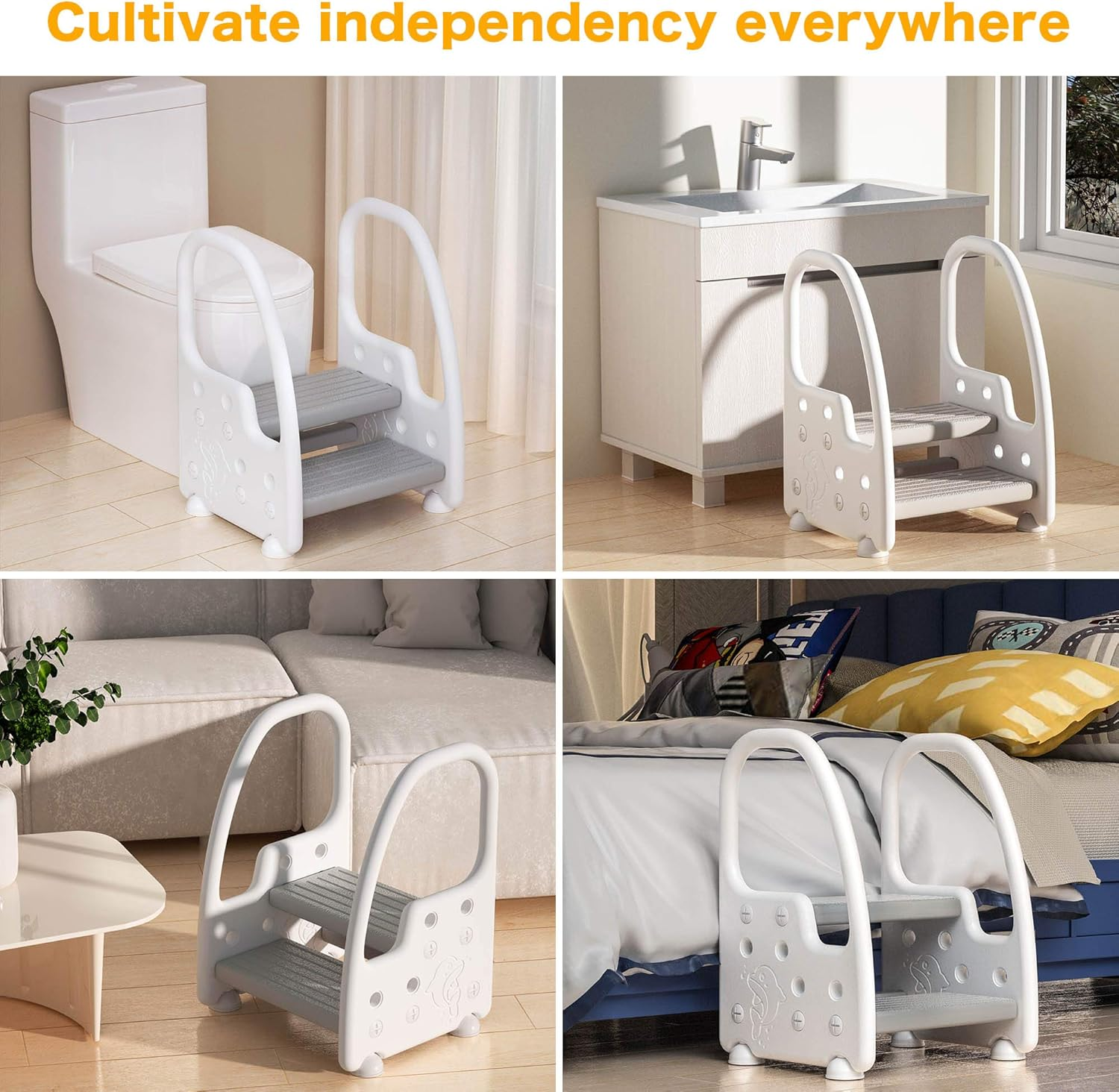 Two Step Stool with Handle for Toddler and Kids, Reaching Bathroom Sink, Toilet Potty Training (Gray, Height Adjustable) image number 2