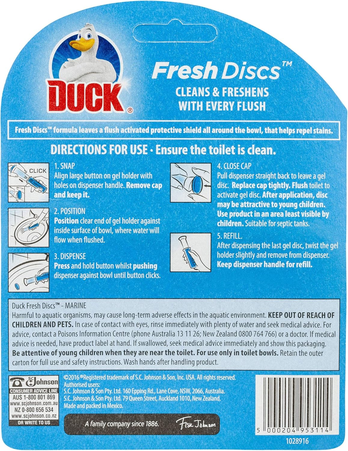 Duck Toilet Cleaner, Fresh Discs Dispenser plus 1 Refill, Cleans & Freshens Your Toilet Bowl, Marine Scent , 36Ml Tube (6 Gel Discs)