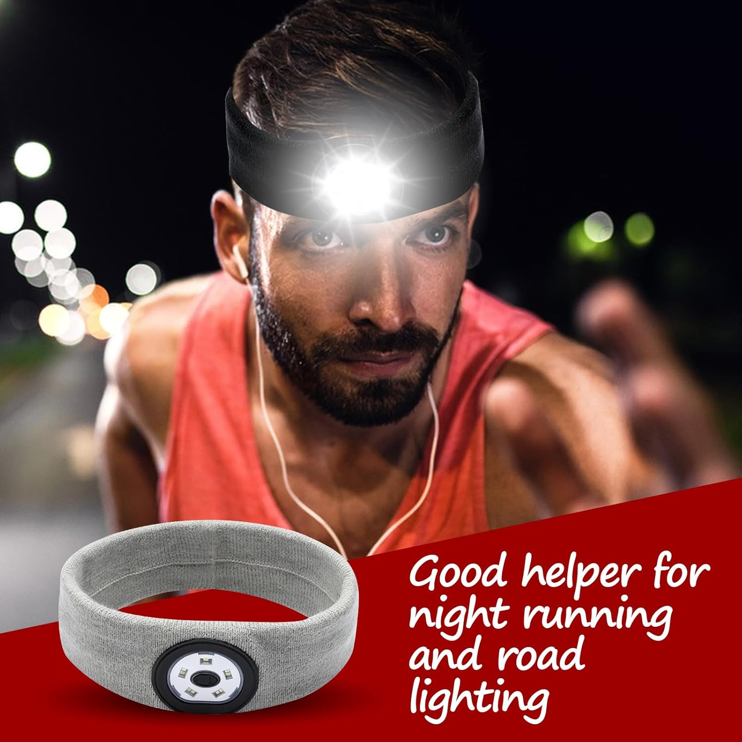 Yuraigm LED Illuminated Headband, Rechargeable USB Running Headbands with Light, Extremely Bright 5 LED Lamp, Winter Warm Headlamp with 3-Level Brightness for Men and Women, Gifts (Grey) image number 2